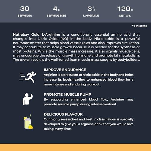 Nutrabay Nutrabay Gold L-Arginine Supplement Powder - 120g, Lemon Flavor | Pre Workout Amino Acid for Endurance, Muscle Building & Faster Recovery