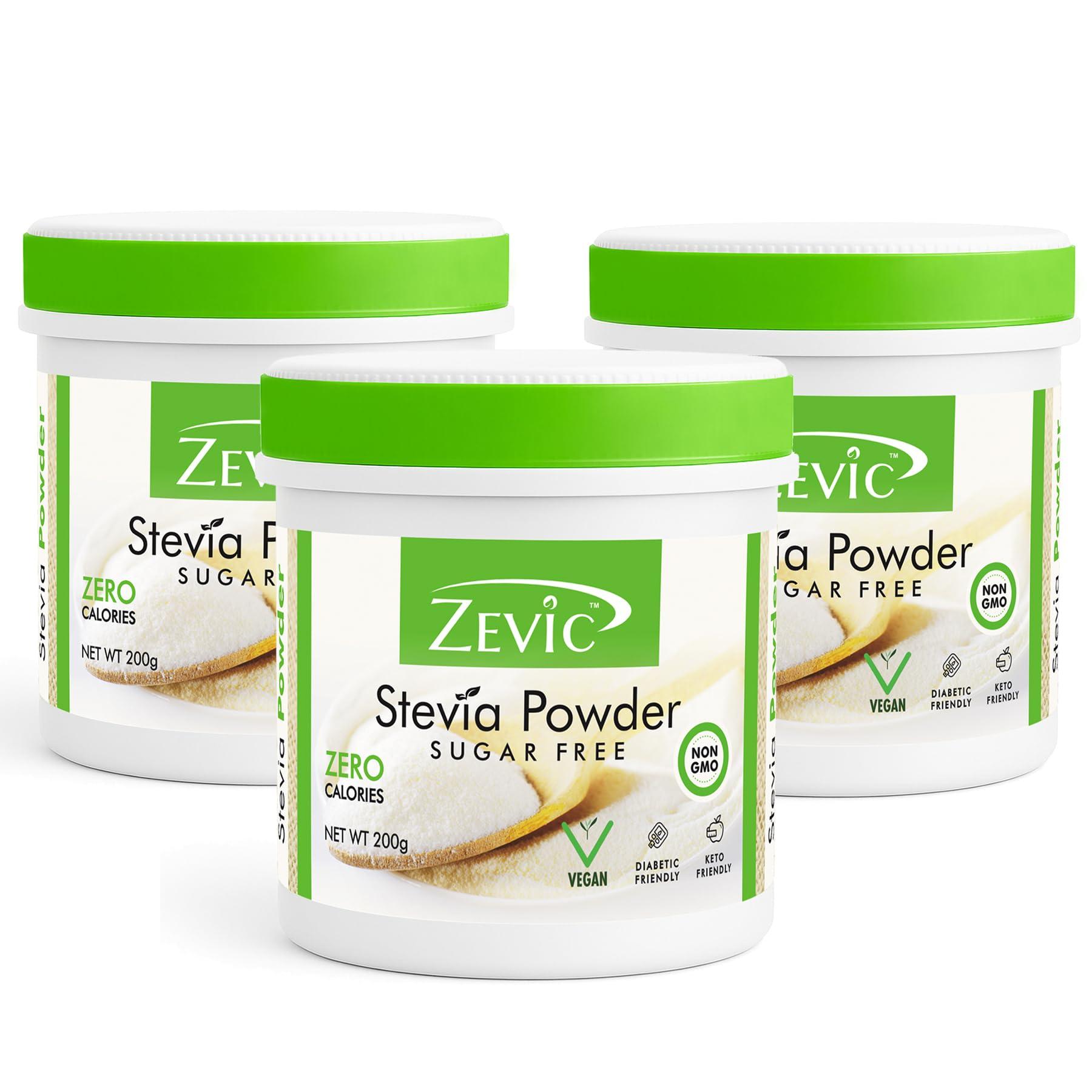 ZEVIC Zevic Stevia Sugar Free Powder | Zero Calories & Vegan | 100% Natural Sweetener Sugar Free White Powder | Keto & Diabetic Friendly - 200g (Pack of 3)