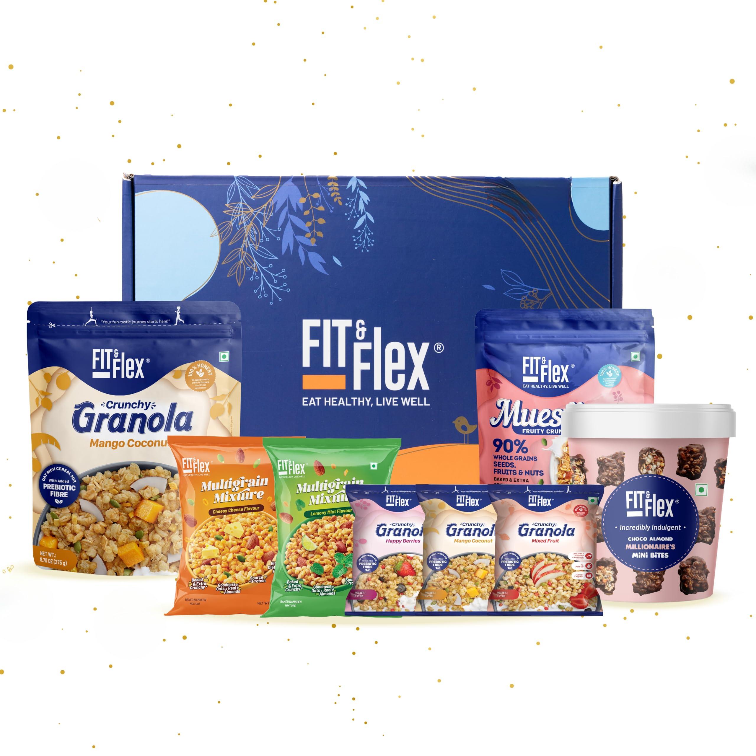 FIT & FLEX Fit & Flex Healthy Gift Box For Rakhi, Assorted Pack of Premium Snacks (Granola, Muesli, Chocolates & Namkeen) | As Seen on Shark Tank India | Pack of 8