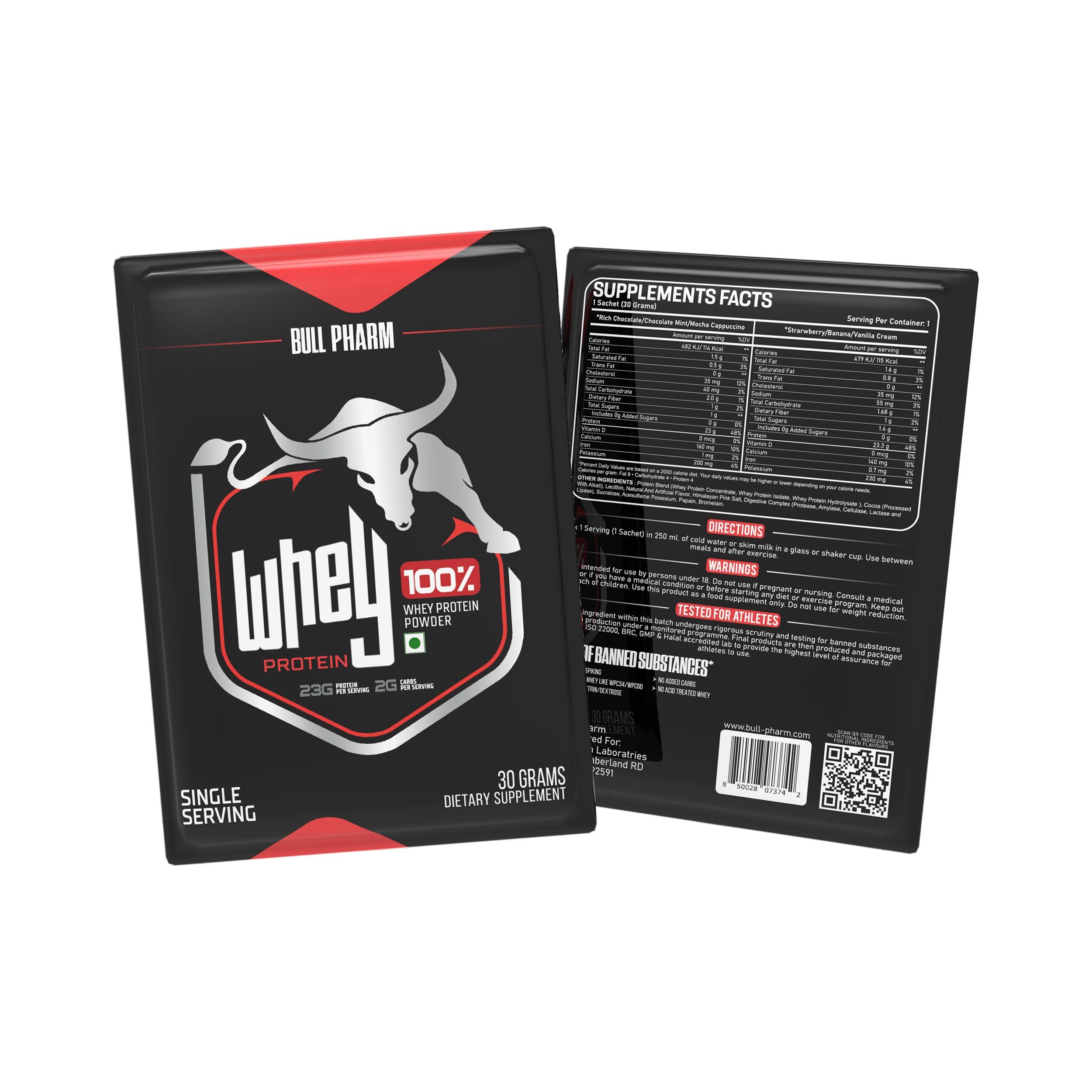 BULLPHARM BULLPHARM 100% WHEY PROTEIN POWDER | FOR LEAN MUSCLE, QUICK RECOVERY | FAST ABSORPTION | NATURAL BCAA AND EAA | NON-GMO | SOY & GLUTEN FREE | RBGH FREE | FSSAI APPROVED (Rich Chocolate, 30 grams)