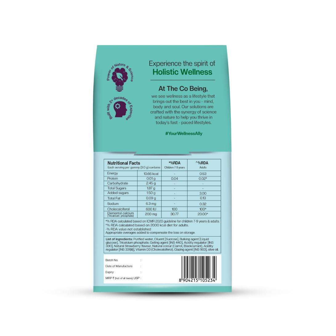 THE CO BEING The Co Beings Calcium Gummies with Vitamin D3 for Men, Women, and Kids, Vitamin D Supplement for Stronger Bones, Joints, and Teeth Health, Dairy Free, Vegan, 30 Day Supply, Natural Strawberry Flavour