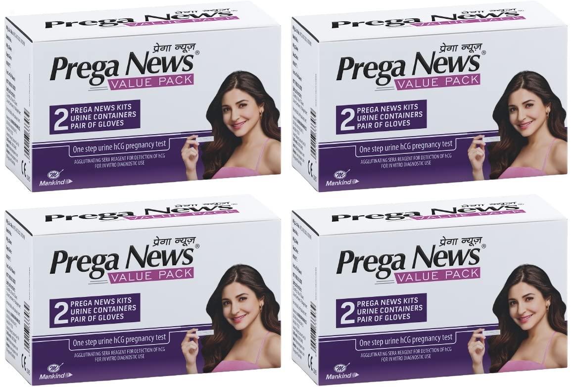Prega News Prega news Value Pack Kit,One Step Pregnancy Test Kit, Easy to Use, Accurate Result in Just 3 Minutes,2 Gloves + 2 Urine Containers + 2 Pregnancy Test Kits x Pack of 4
