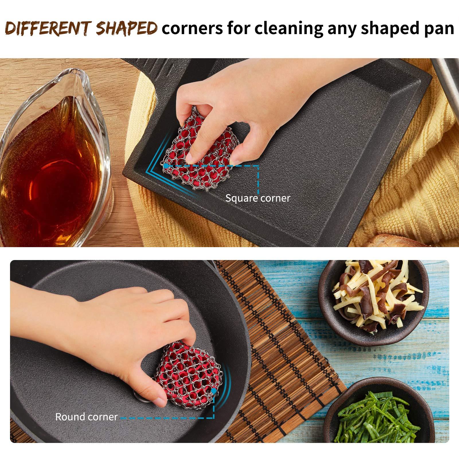 Herda Cast Iron Scrubber Skillet Cleaner 316 Chainmail Scrubber for Cast Iron Pan, Silicone Insert Light Weight Life Time Use Herda Chain Mail Metal Scrubber for Cleaning Steel Skillet, Wok, Carbon Steel