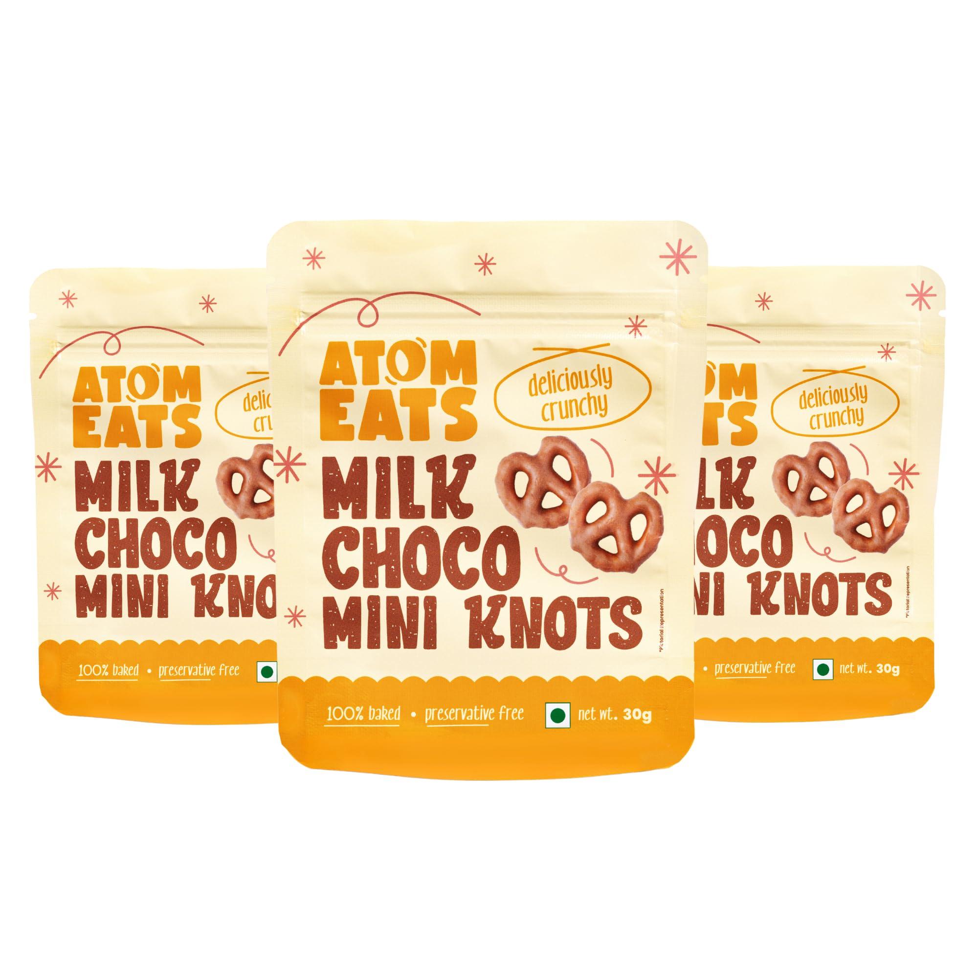 Atom Eats Atom Eats | Milk Choco Dipped Pretzels: Choco Dipped Mini Salted Pretzel Knots 100g - Rich Milk Chocolate - Perfect Snacks for Sharing, Parties - Imported Chocolates, Versatile Delight