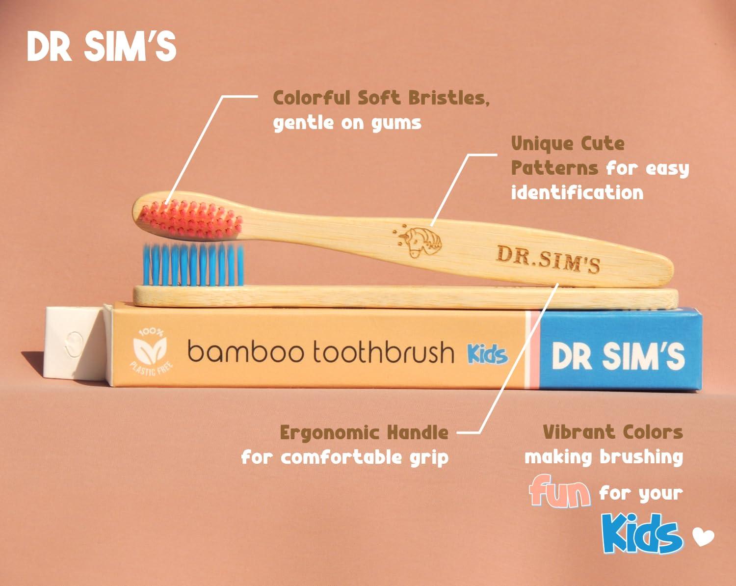 Dr Sim\'s Dr Sim\'s Bamboo Toothbrush | Pack of 4 | 1 Soft Charcoal Black & 1 Ultra-Soft Natural Fibre Beige Bristles for Adults and 2 Colorful Soft Bristles for Kids | Non-Toxic, Sustainable, Vegan, Anti-Microbial