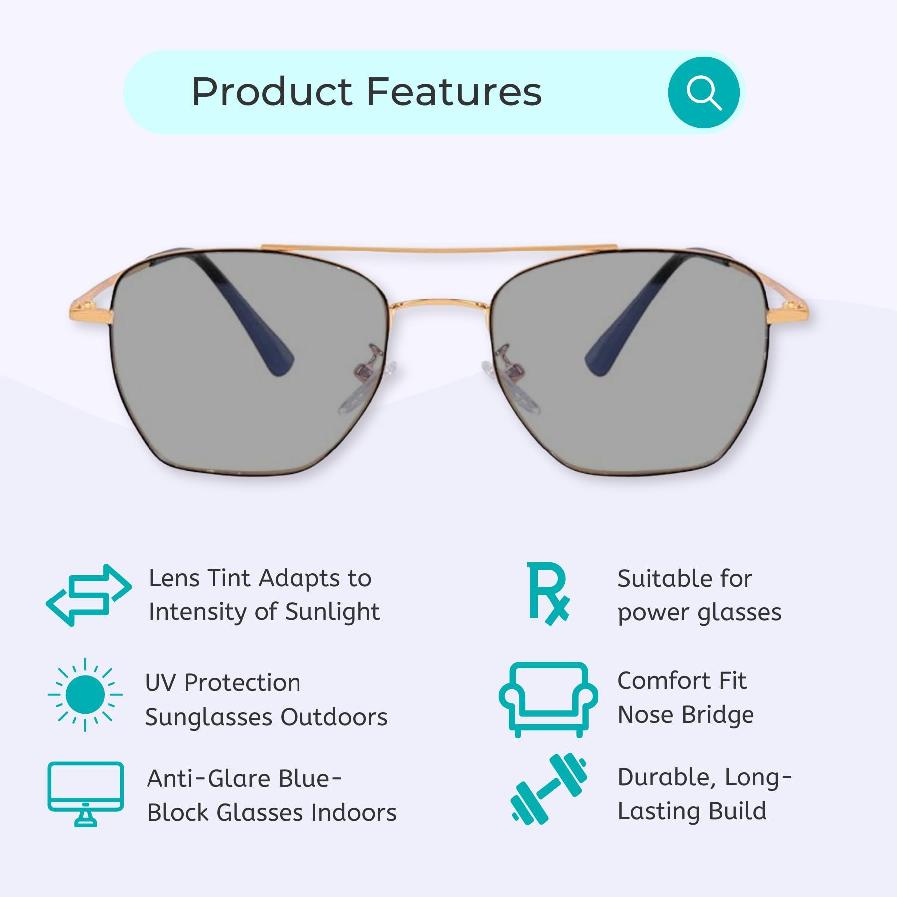 Vast VAST Photochromic Day & Night Computer Glasses + Cooling Glasses for Eye Protection | Zero Power Anti Glare & Blue Light Filter Specs | UV Protect Sunglasses for Men & Women | Frames | Photochromatic