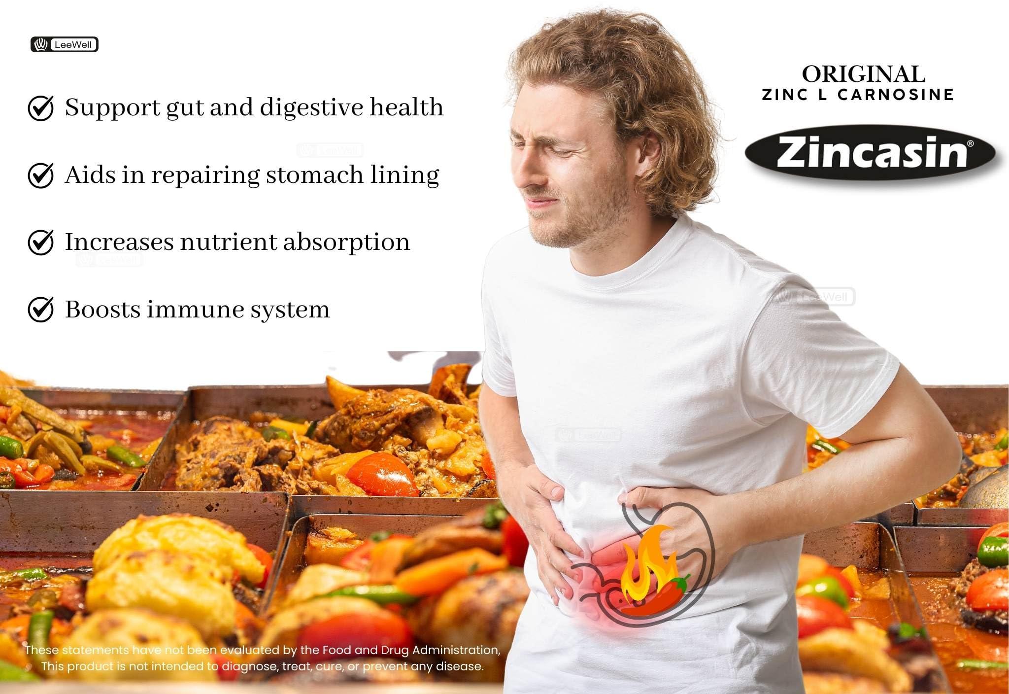 Zincasin zincasin +plus Zinc L carnosine, Vitamin U, DGL Deglycyrrhizinated Licorice Root, Mastic gum Supplements | Gastric Reflux, IBS, H pylori, Bloating, Gut health Support - 60 tablets