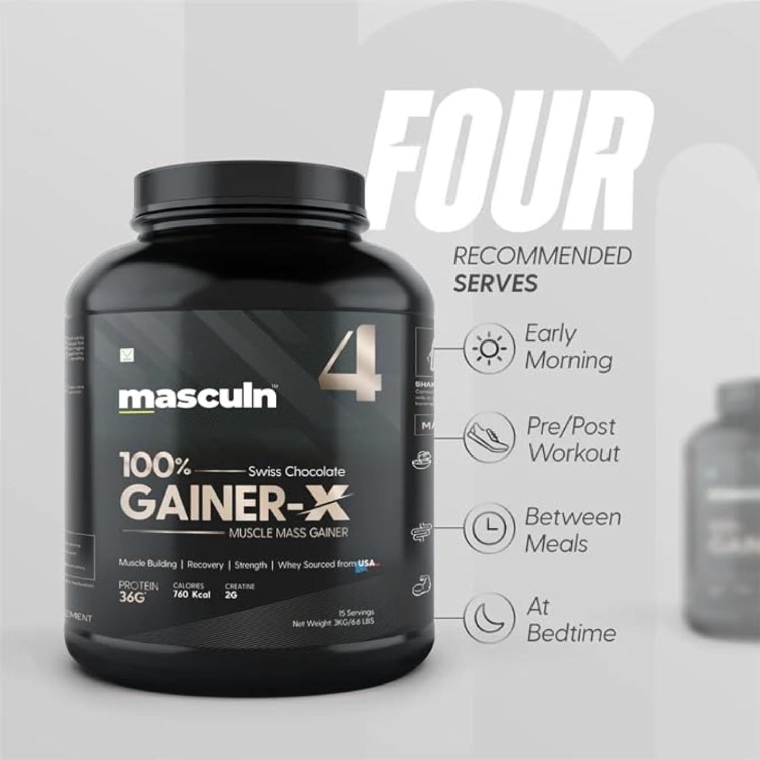 MASCULN MASCULN Mass Gainer Powder 3kg | Lean Muscle Whey Protein Mass Gainer | 36g Protein | Reduces Muscle Breakdown | Mass Gainer Supplement Powder for Men and Women (Swiss Chocolate, 3 kg) Free Shaker
