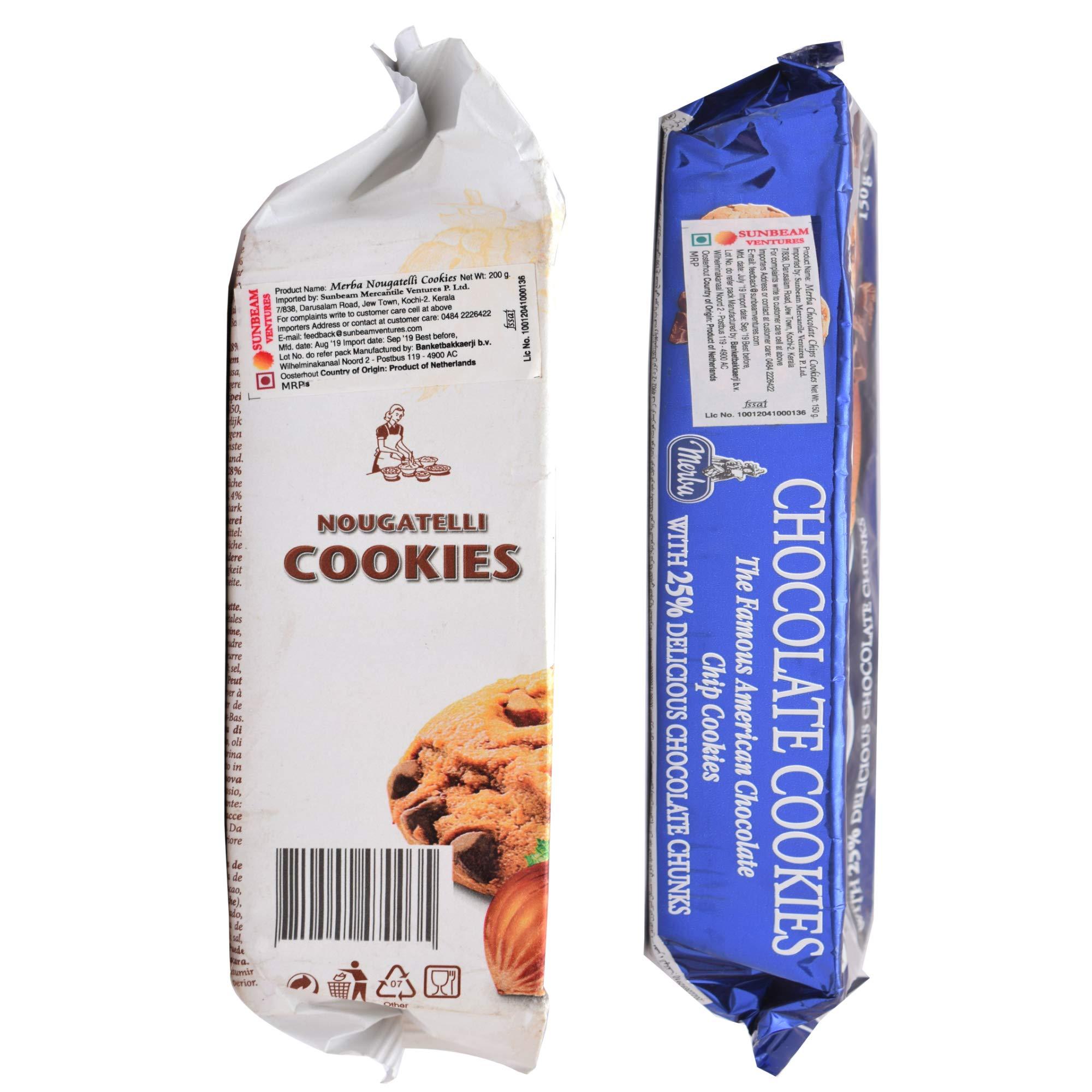 Merba Merba | Chocolate Chip Cookies (25% chocolate) 150g | Patisserie Nougatelli Cookies 200g | (Pack of 2)