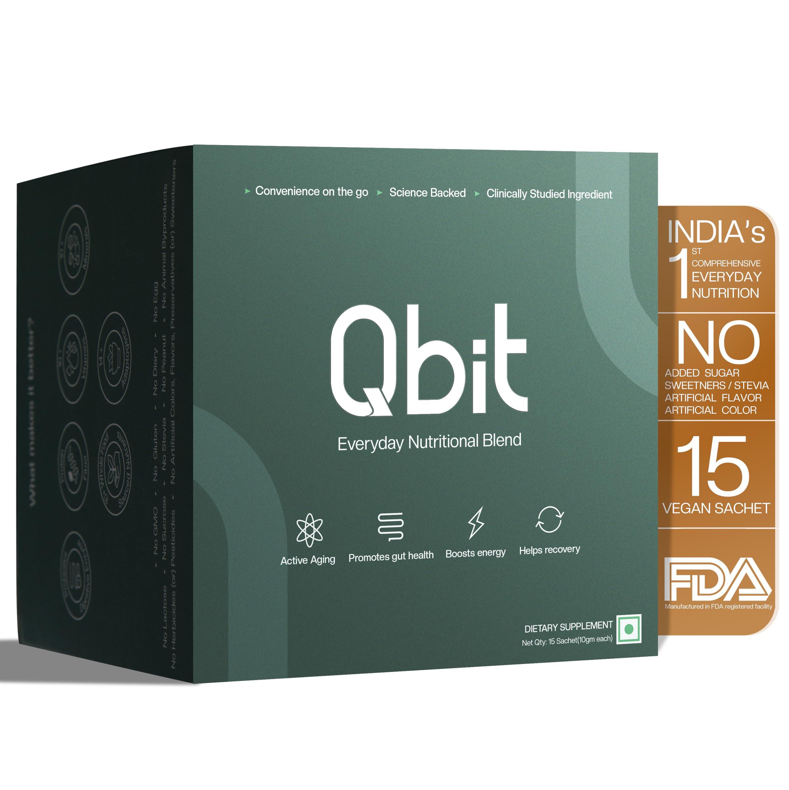 QBIT Qbit Gut Health Supplements Drink | Prebiotics | Probiotics | Plant Based | Daily Nutrition for Women and Men | Support Gut Health, Constipation, Digestion, Immunity | No Preservatives, No Color, Zero Sugar (15 Days Servings Sachets)