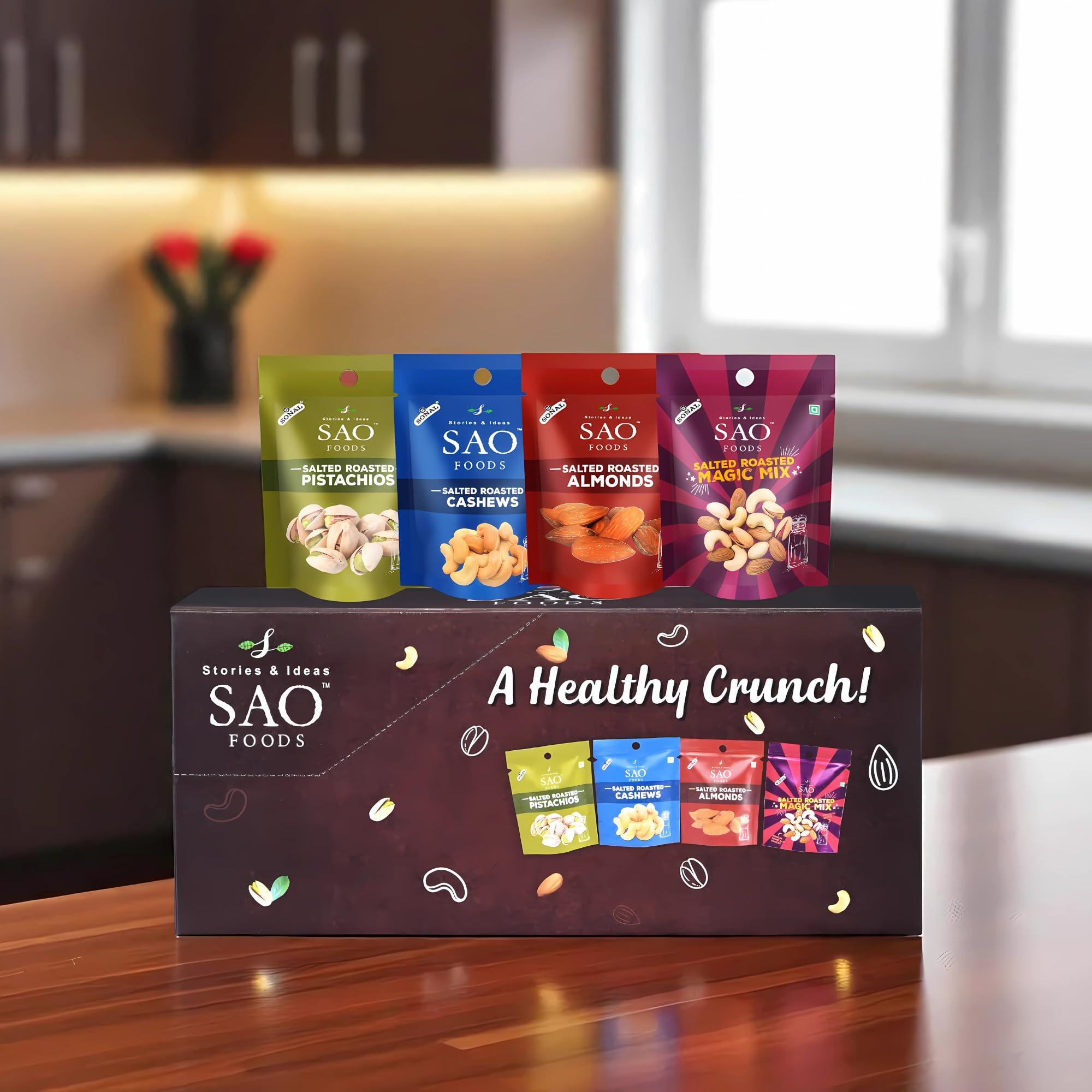 Stories & Ideas SAO Foods Stories & Ideas SAO Foods Roasted & Salted Assorted Dry Fruits Box Snacking Packs Of 12 Grm Each,Magic Mix: 8 Small Packs + Almonds: 4 Small Packs + Cashews: 4 Small Packs + Pistachios: 4 Small Packs