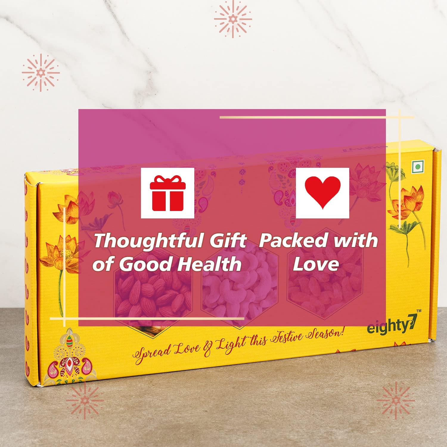 eighty7 Eighty7 Festive Gift Box Premium Dry Fruit 750g - Almonds, Cashews, Raisins (250g each) With Evil Eye Rakhi & Roli Chawal Chandan Mishri Set