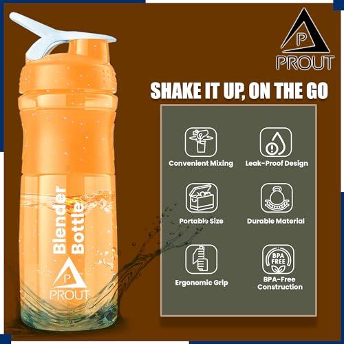 PROUT PROUT Gym Shaker | Water Bottle | Supplement Shakers | Shaker Bottle | Blender Bottle | Classic Protein Mixer Shaker Bottle with Blender Ball (Orange)