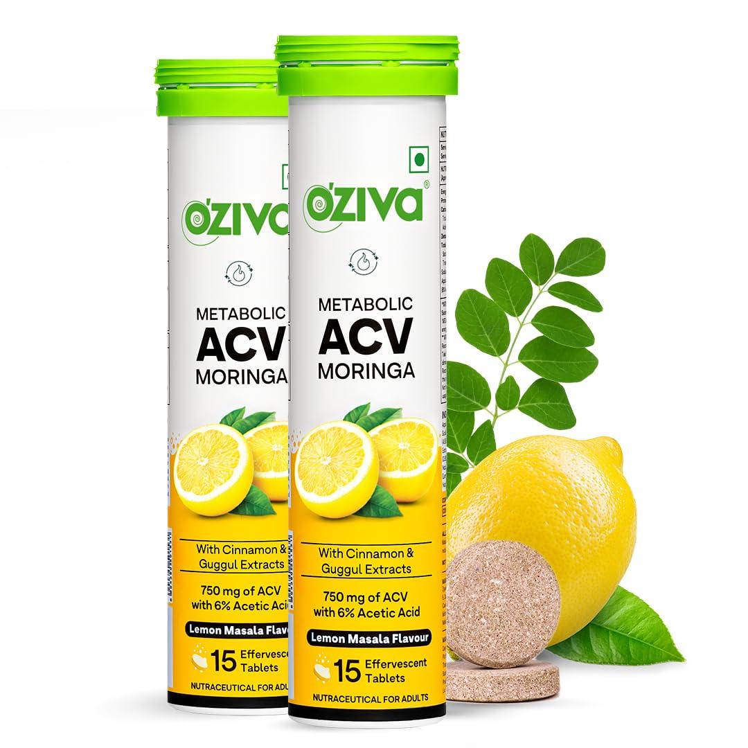 OZiva OZiva ACV Moringa | Control Cravings I Apple Cider Vinegar, Cinnamon, Guggul I No Maltodextrin & No Added Sugar I 15 Effervescent Tablets - Lemon Masala, Pack of 2 (30 Tablets)