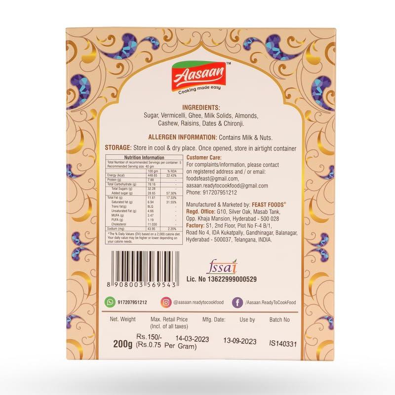 Aasaan Aasaan Sheer Kurma Premix 200gms, Ready to Cook Sheer Khurma Mix, Instant Hyderabadi Sheer Khurma Premix, Indian Sweets Sheer Khurma Ready Mix Vegetarian Dessert (Pack of 2)