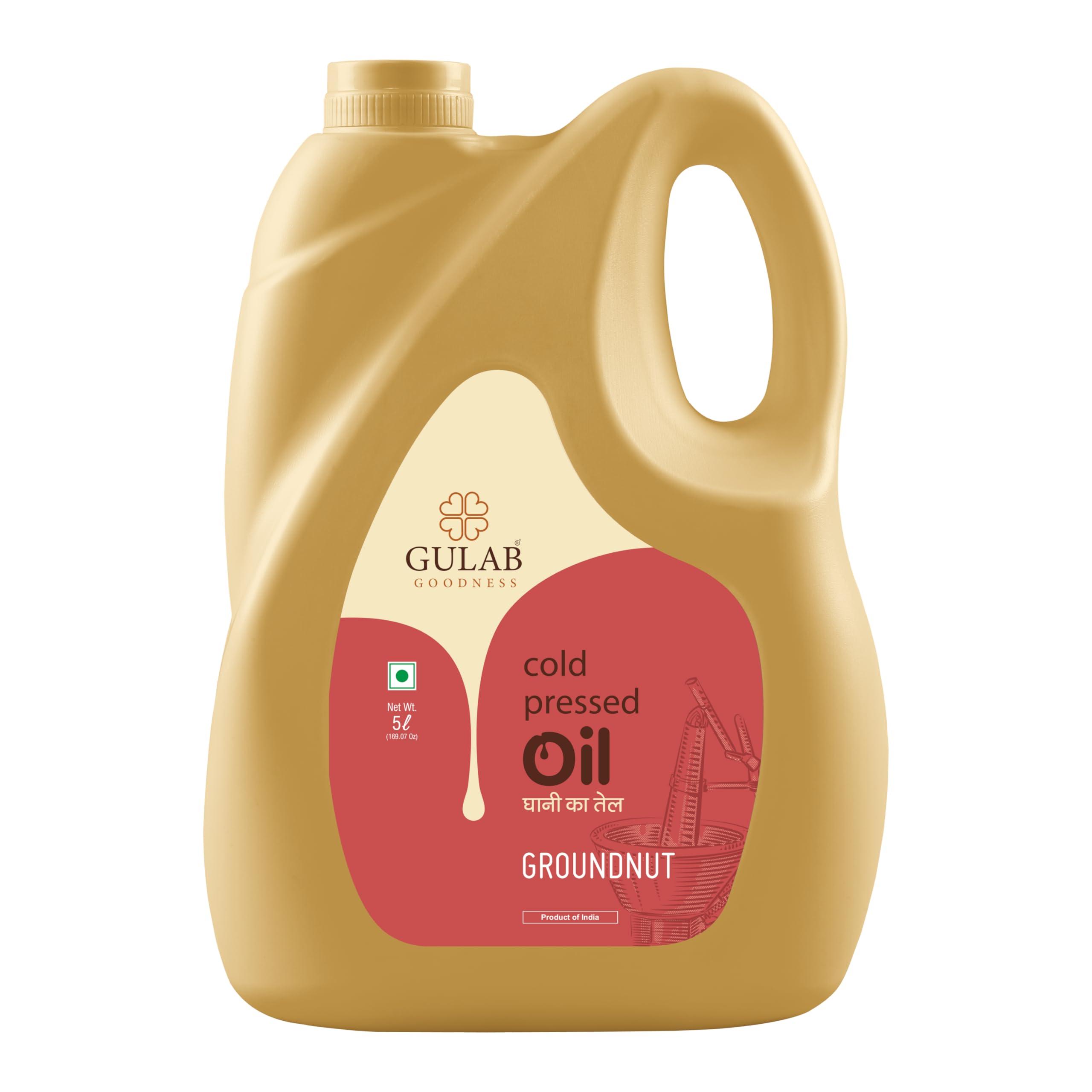 GULAB Gulab Cold Pressed Groundnut Oil - 5 Litre | Peanut Oil | Sing Tel | Kolhu/ Kachhi Ghani/ Chekku/ Wood Pressed | Natural Cooking Oil | Chemical Free