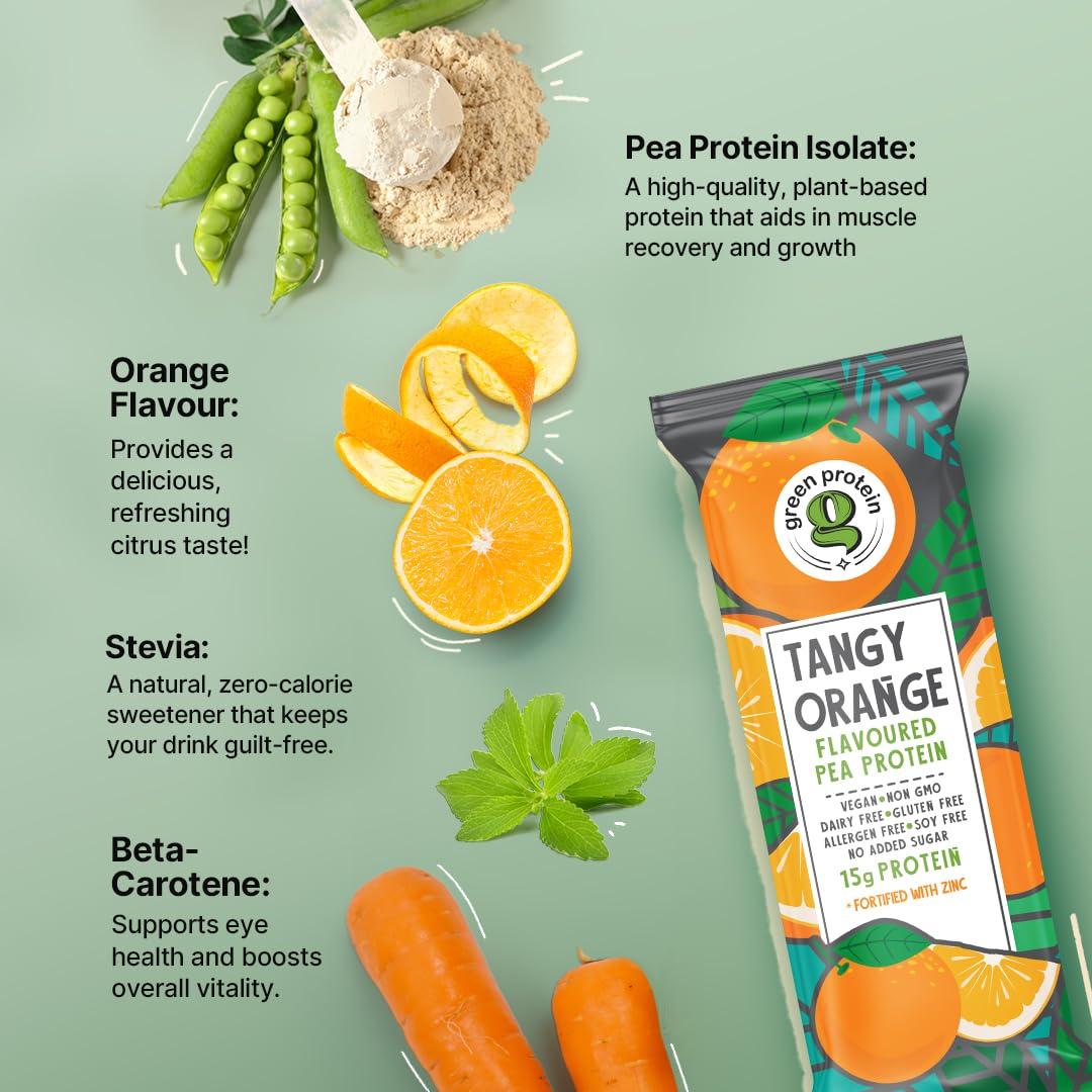 Green Protein GREEN PROTEIN Vegan Plant Pea Protein Isolate Powder, 15gm Protein Per Serving, No Added Sugar, 100% Vegan, Soy Free, Dairy Free, Gluten Free, Allergen Free, Orange Flavor, Pack Of 12, 23 gm each
