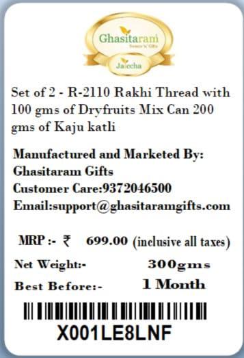 Ghasitaram Gifts Ghasitaram Gifts Rakhis Online for Brother-Set of 2 - R-2110 Rakhi Thread with 100 gms of Dryfruits Mix Can 200 gms of Kaju katli