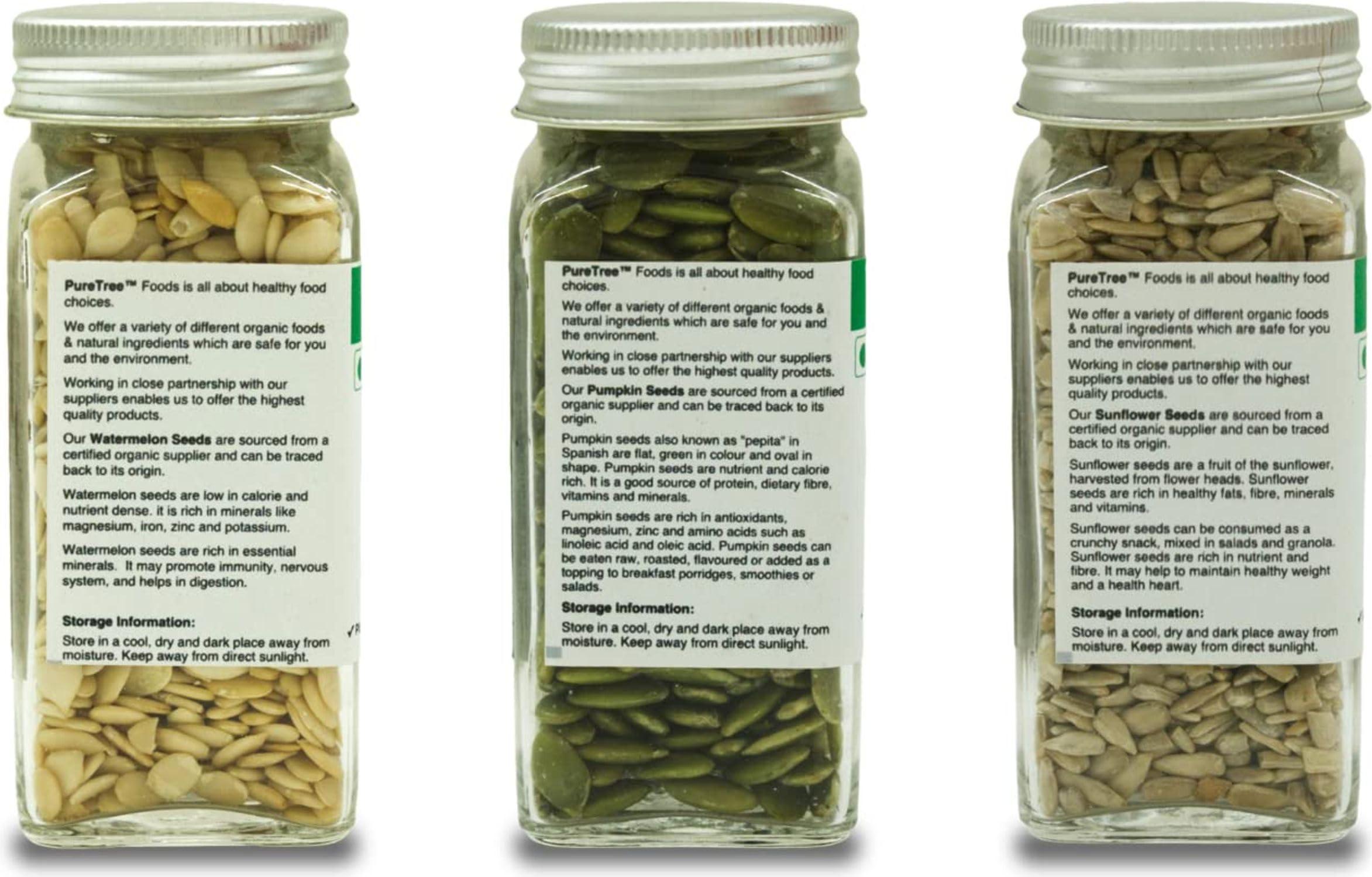 Pure Tree Pure Tree Certified Organic Pumpkin Seeds, Sunflower Seeds, Watermelon Seeds | 75 g Each | Glass Jar | Surajmukhi ke beej, Magaj Seeds, Kaddu Ke Beej, Mix Seeds For Eating | Raw Healthy Seeds Combo Pack
