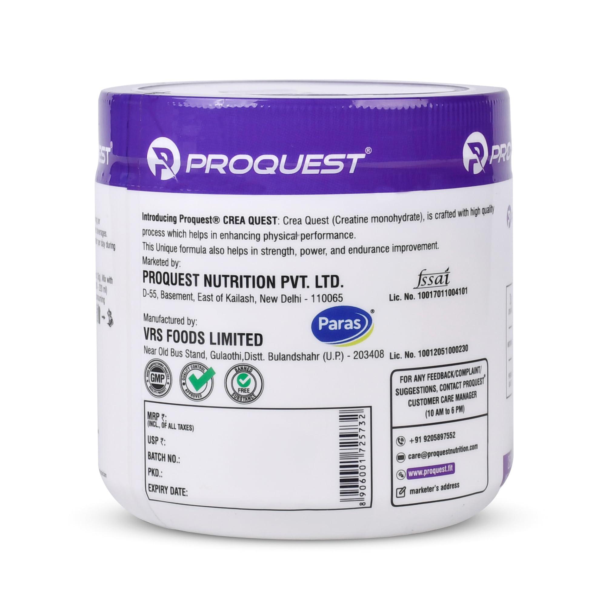 PRO QUEST PRO QUEST CreaQuest - Pure Micronized Creatine Monohydrate (250G, 83 Servings) Unflavoured, Lab Tested & Certified |Rapid Absorption |Enhanced Muscle Strength & Power|Fast Recovery|Powder