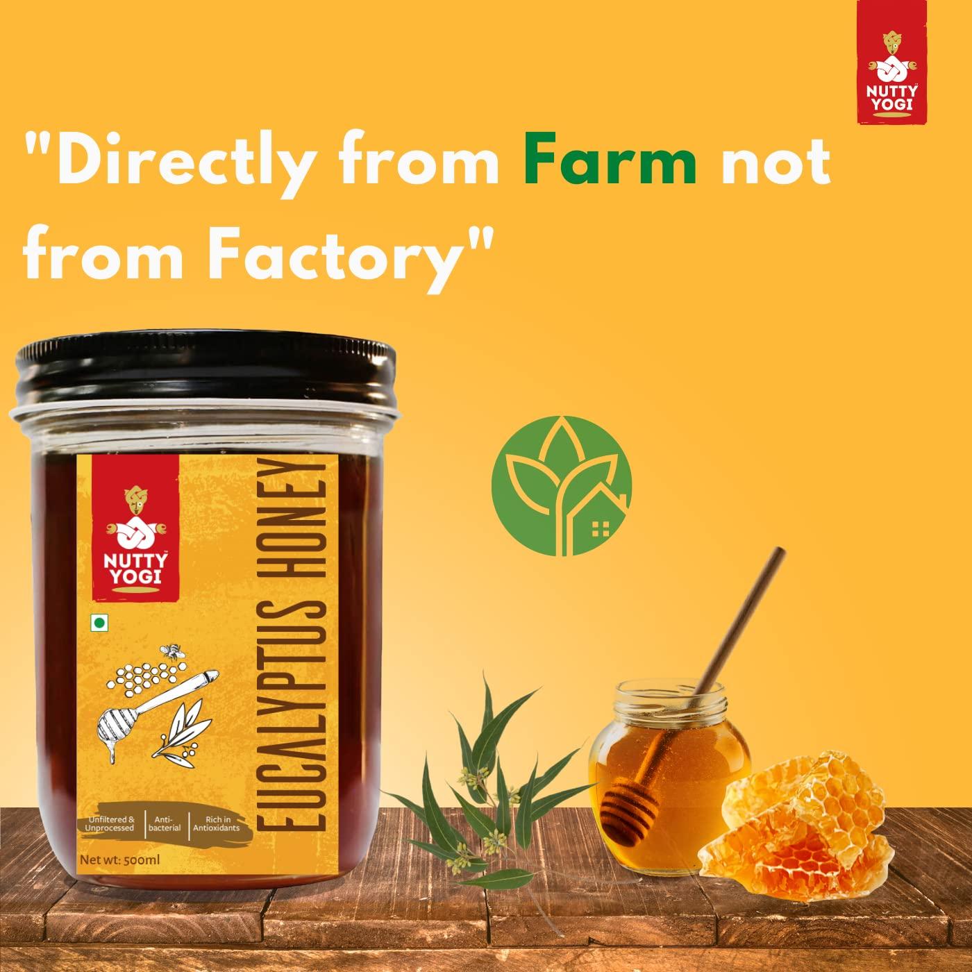 NUTTY YOGI Nutty Yogi Eucalyptus Honey 500 Gm, 100% Natural, Fresh from Forests, Healthy & Delicious, No Artificial Color/Flavour | 100% Pure Wild Forest Organic Honey