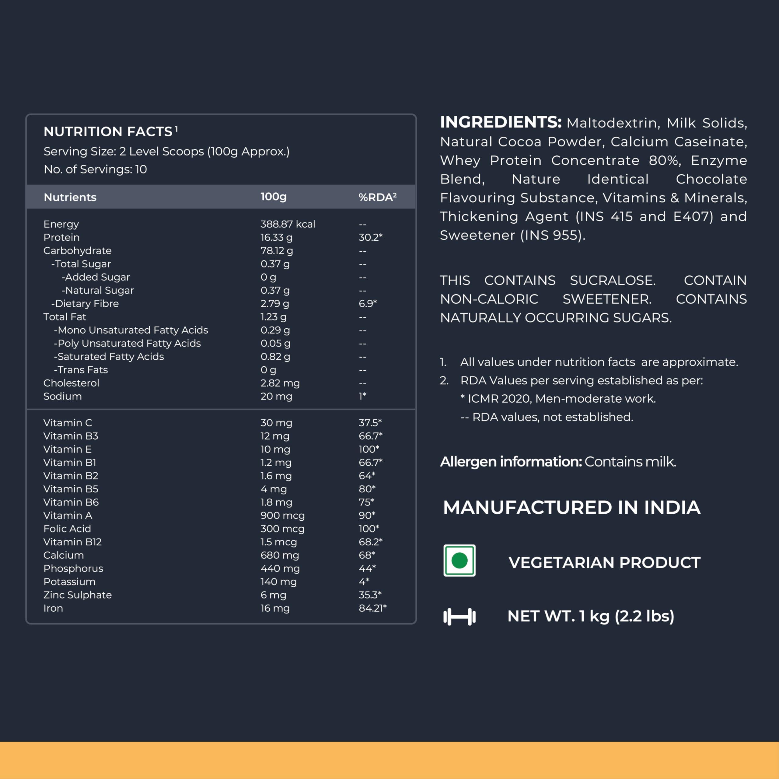 Nutrabay Nutrabay Gold Mighty Mass Gainer Powder - 1kg, Chocolate Supreme | 16.3g Protein, 78g Carbs, 389 Calories | 100% Veg | Vitamins & Minerals Rich Muscle Building Supplement for Men & Women