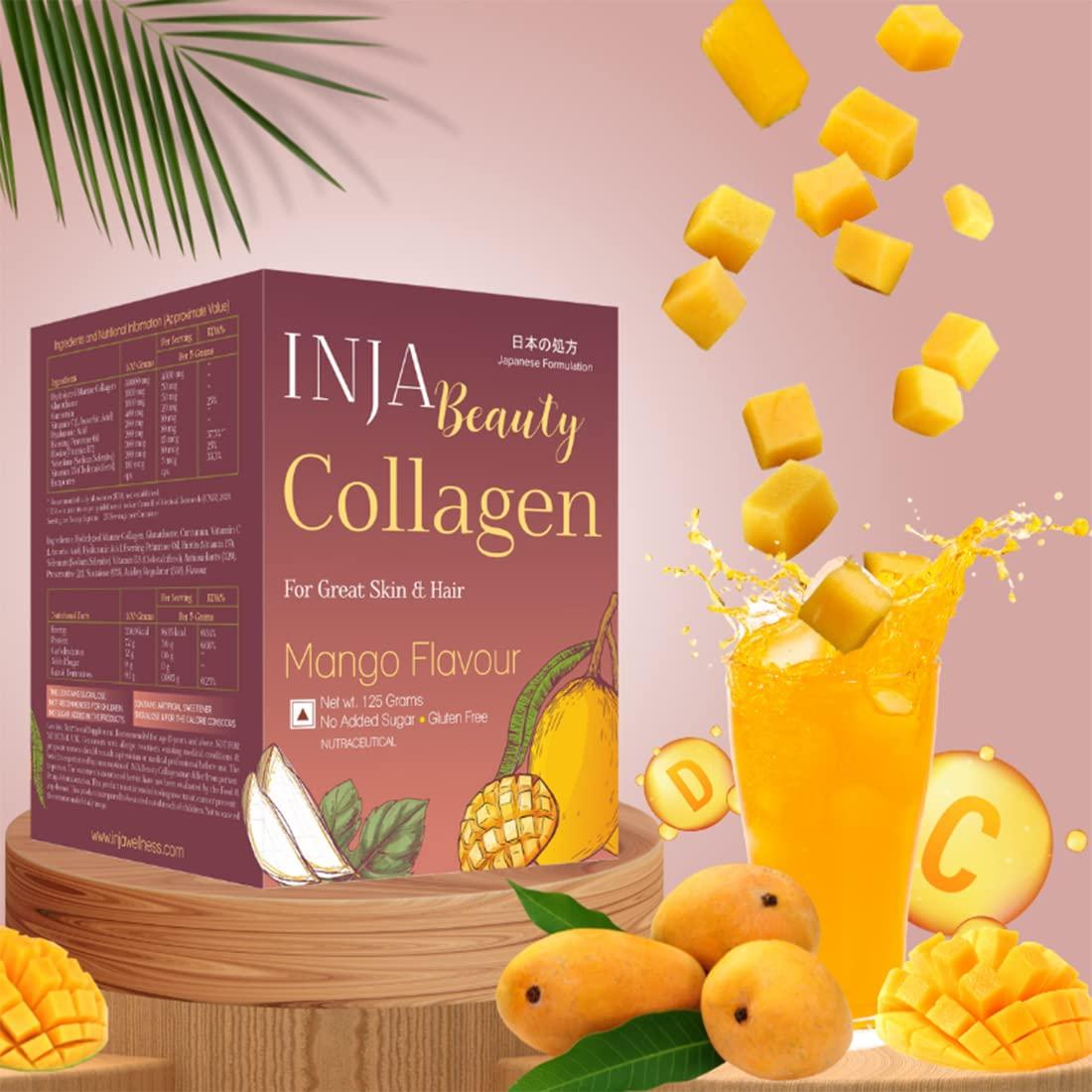 INJA Wellness INJA Wellness Beauty Marine Collagen Supplement For Women, Men, Vitamin C Collagen With Japanese Formulation, Healthy Joints, Muscles, Skin & Hair, Sugar & Gluten Free, Mango Flavor, 125Gm - Powder