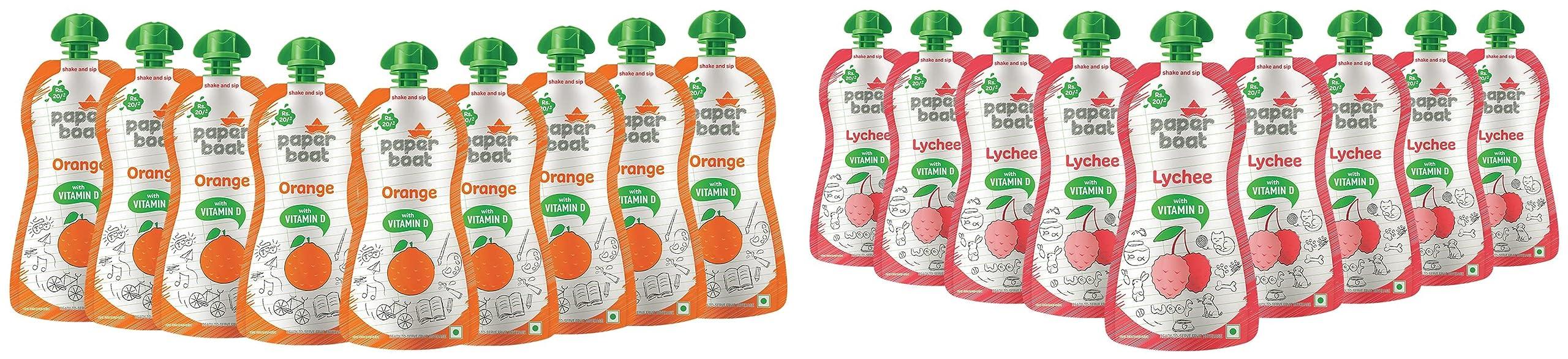Paper Boat Paper Boat Orange Juice, Enriched with Vitamin D (Pack of 9, 150ml each) & Paper Boat Lychee Juice, Litchi Jelly Drink Enriched with Vitamin D (Pack of 9, 150ml each), Pink