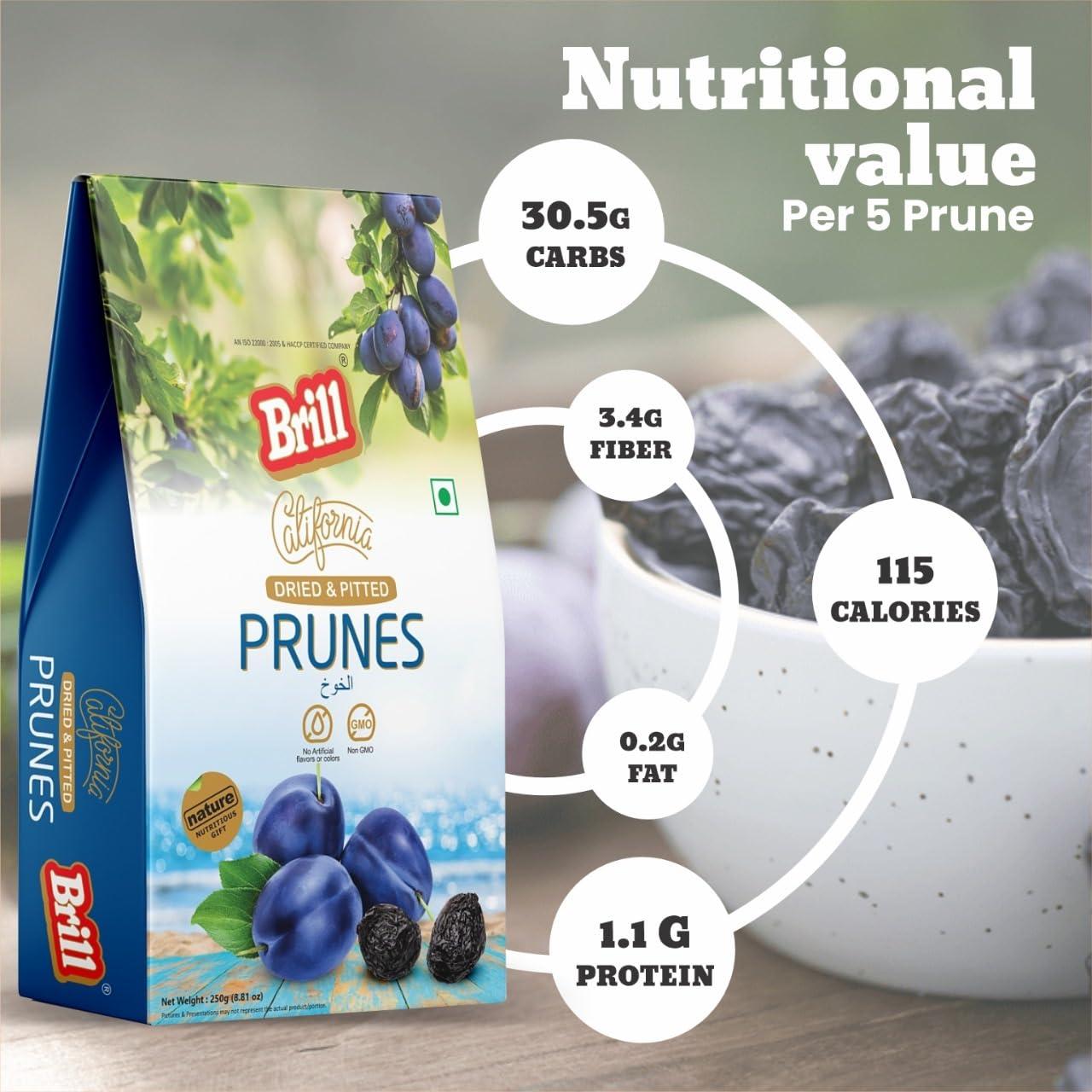 Brill Brill Dried California Prunes 250g | High in Antioxidants & Slows the Ageing Process | Source of Vitamin C and K | Pitted Prunes California Prunes | Nutritious and Healthy Snack