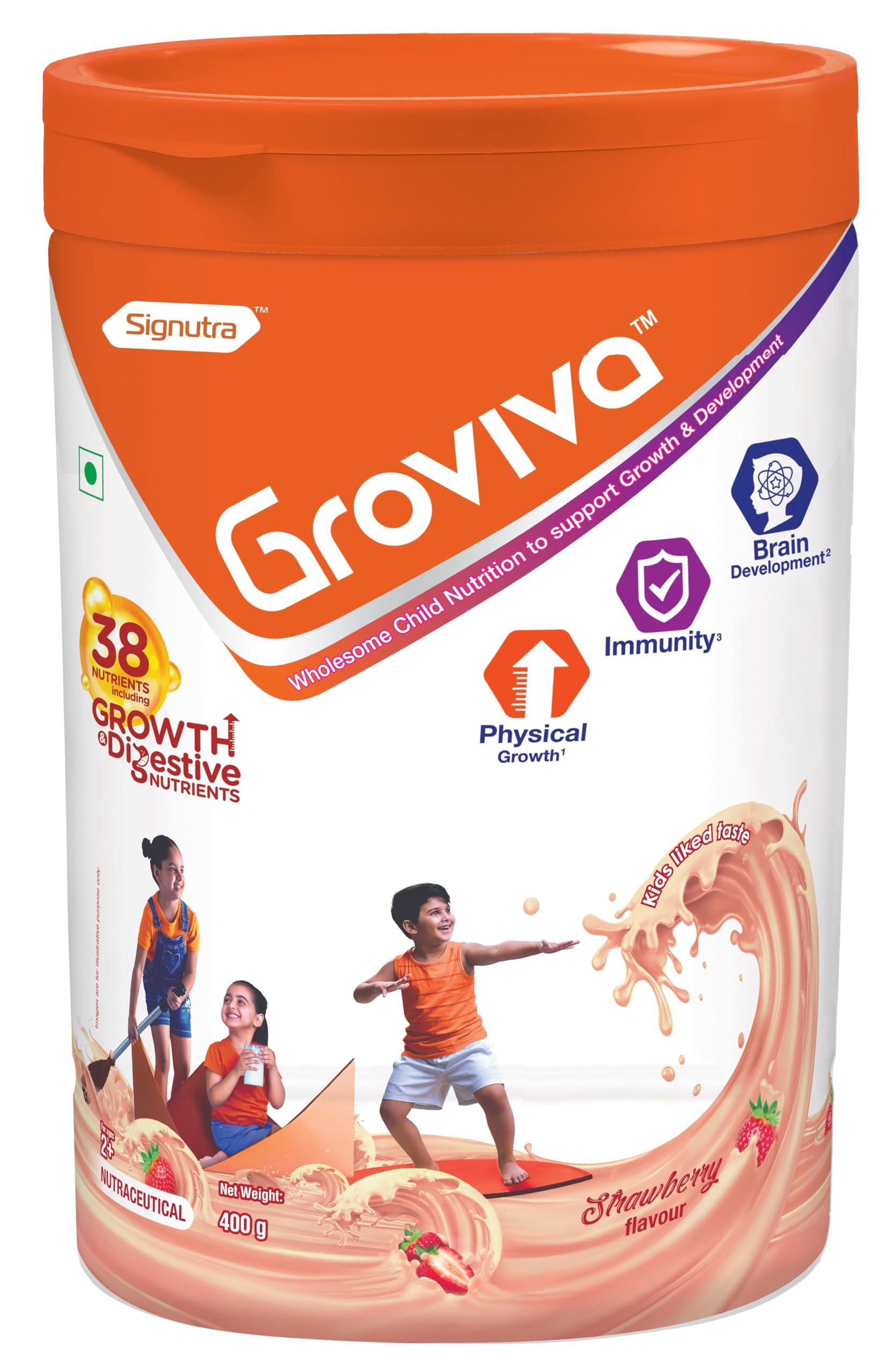 Groviva Groviva Milk Protein Powder for Kids 2-6 years | 38 Growth & Digestive Nutrients | Supports Physical Growth, Brain Development & Immunity - 400g Jar (Strawberry)