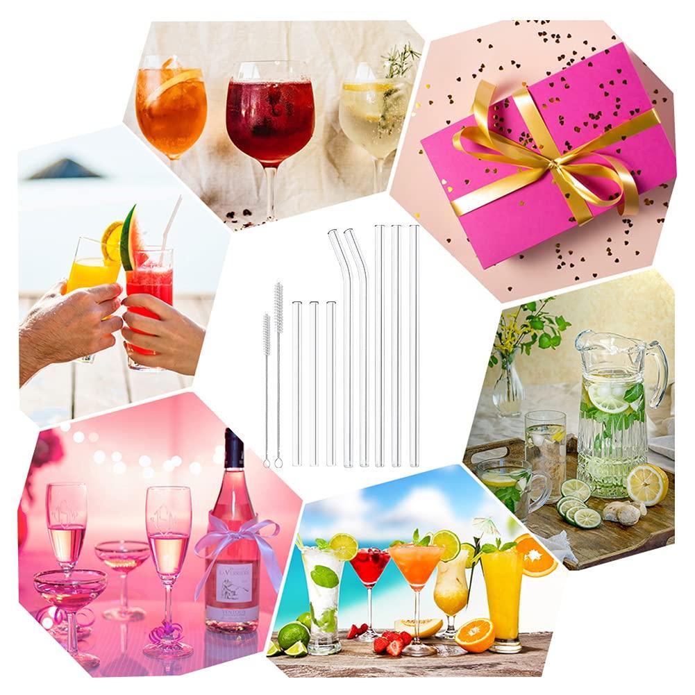 YINVA AOTWAN Glass Straws Reusable 10 Pack Glass Straw Including 3 Short+3 Long Straight Glass Straws+2 Curved Glass Straws+2 Straw Brushes, Glass Straws for Cocktails Juices
