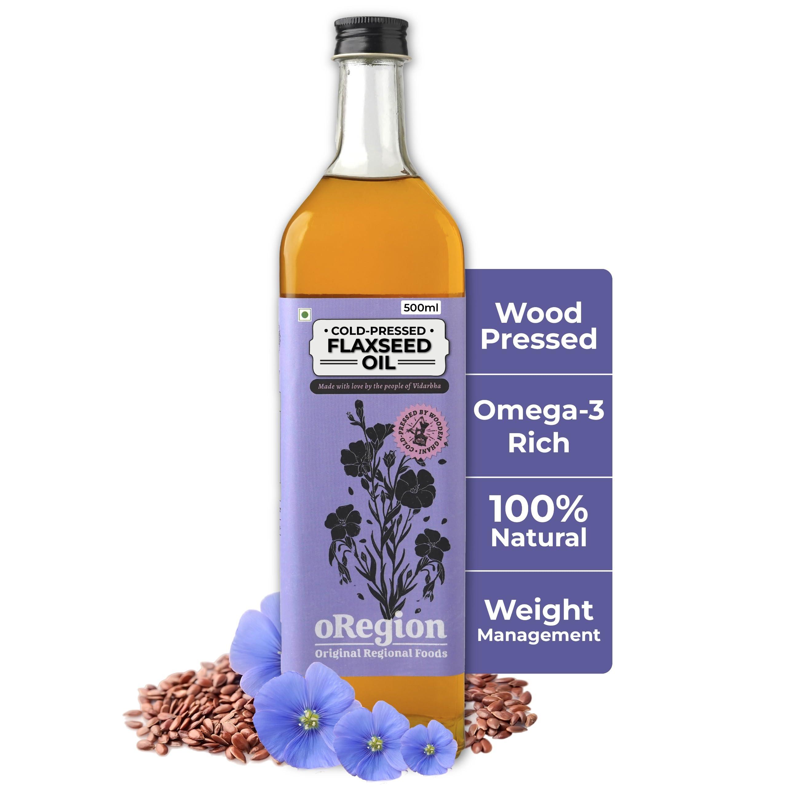 oRegion oRegion Cold Pressed Wood Pressed Flaxseed Oil(500 ml) | Kachi Ghani Alsi Ka Tel, Omega-3 Rich, Pure, Organic and Unadulterated Multipurpose, Good for Gut, Heart, Hair, Skin, Preservative Free, Glass Bottle