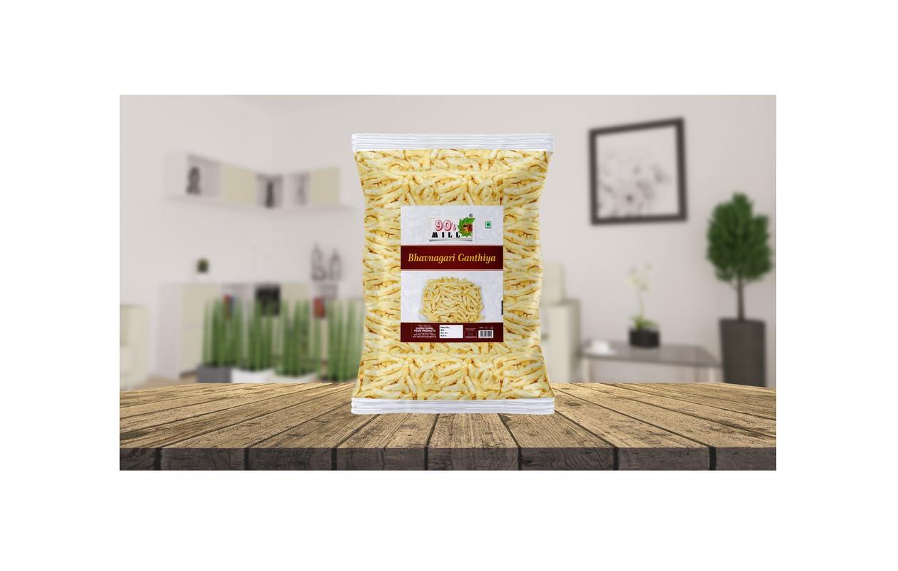 90\'s MILL 90\'s MILL Authentic Kathiawar Ganthiya Bhavnagari Gujarati Gathiya Fried in Groundnut Oil||Healthy Indian Snacks//Lite Snack For All Age Groups//Bachcho Ka Favourite Savoury Snack-1Kg*1Pack