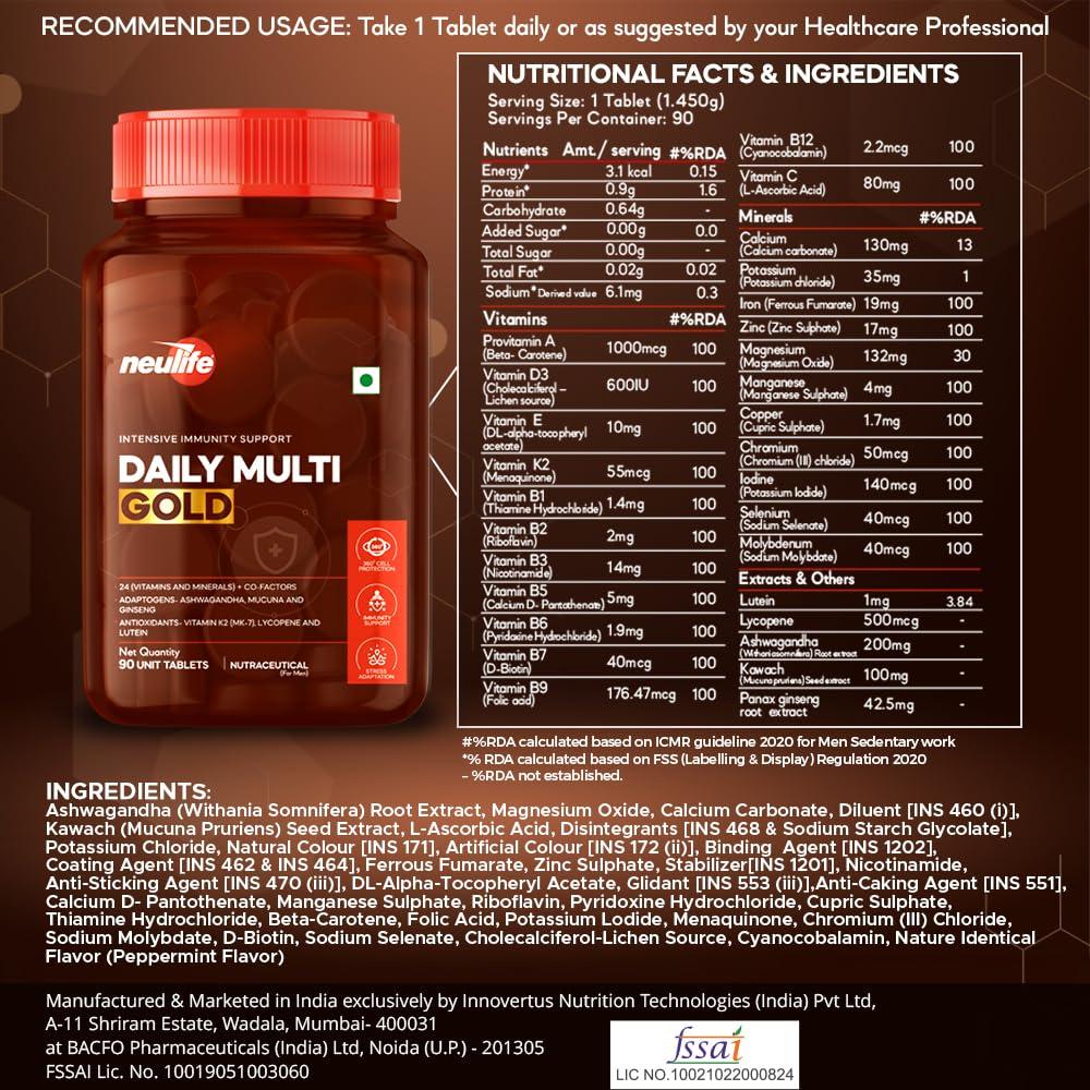 VITROVEA Neulife DAILY-MULTI GOLD Advanced Multivitamin w/MK-7, Adaptogens, Antioxidants & Natural Extracts - 90 Tabs (Pack of 2)