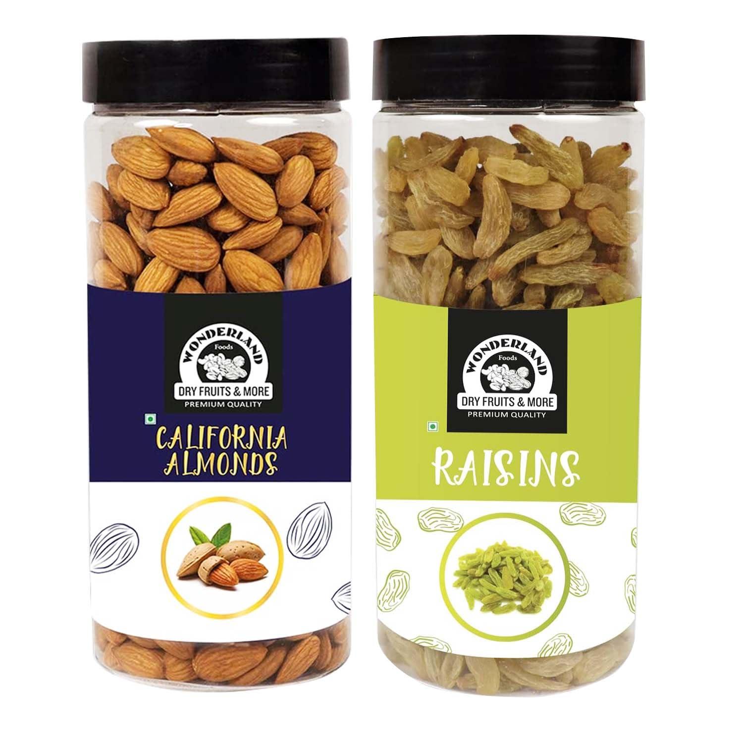 WONDERLAND FOODS (DEVICE) WONDERLAND FOODS (DEVICE) Premium Dry Fruits Combo Pack of California Almonds (NP) + Raisin 1Kg (500gX2) Reusable Jar