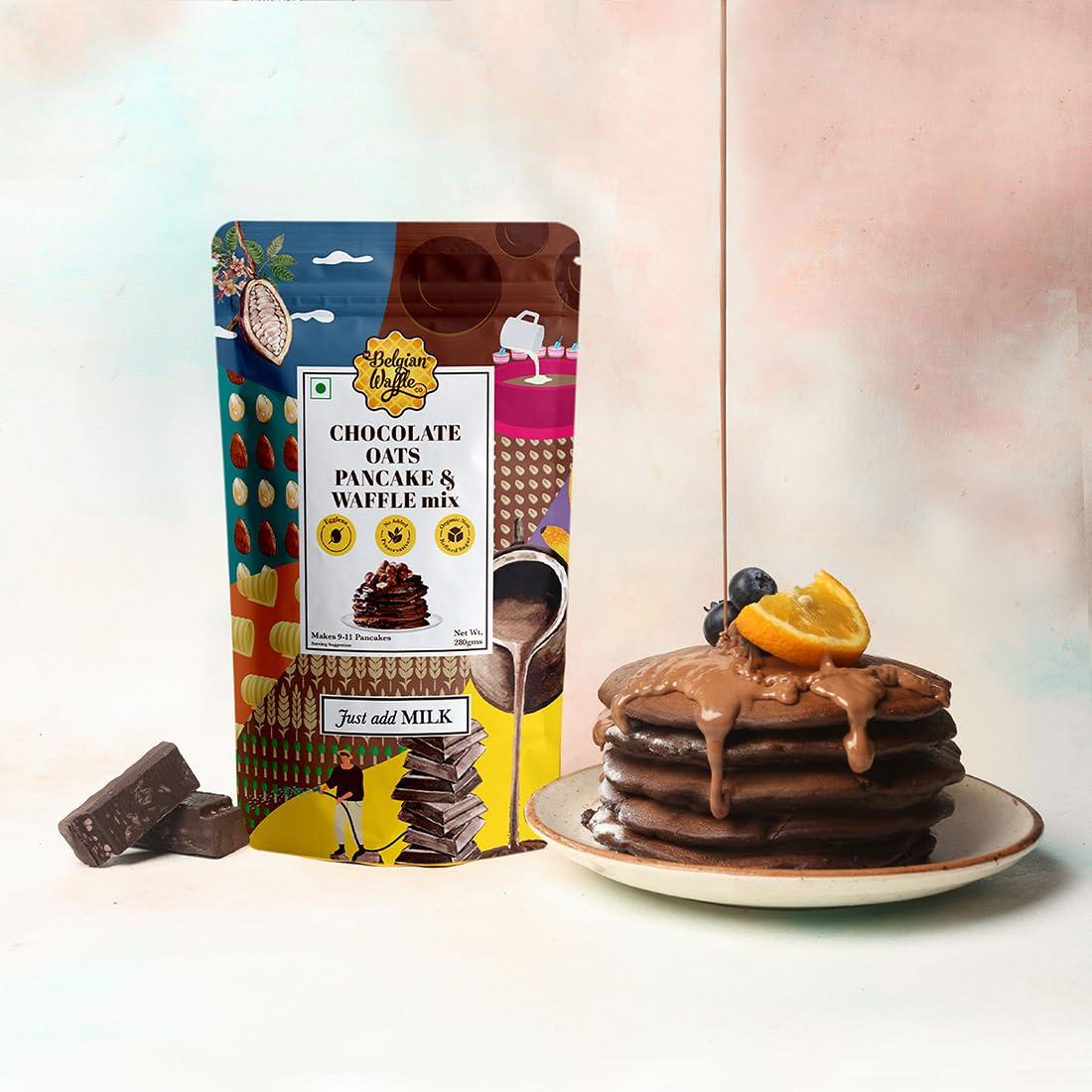 The Belgian Waffle Co The Belgian Waffle Co Chocolate Oats Pancake & Waffle Premix, 100% Vegetarian & Eggless, No Added Preservatives and Organic Non Refined Sugar, Instant Breakfast Mix - 250gm (9 Pancakes Each,Pack of 3)