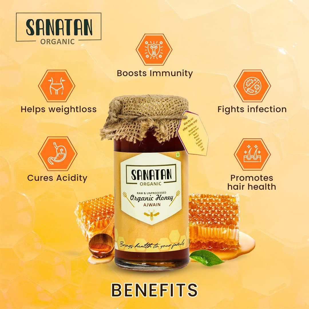SANATAN ORGANIC Sanatan Organic Unprocessed and certified organic 100% Natural &Pure Ajwain Honey cures Gastric,Acidity,help in digestion|Preservative free|No artificals|No Added Sugar|Mono Flora Honey-250g Glass Jar