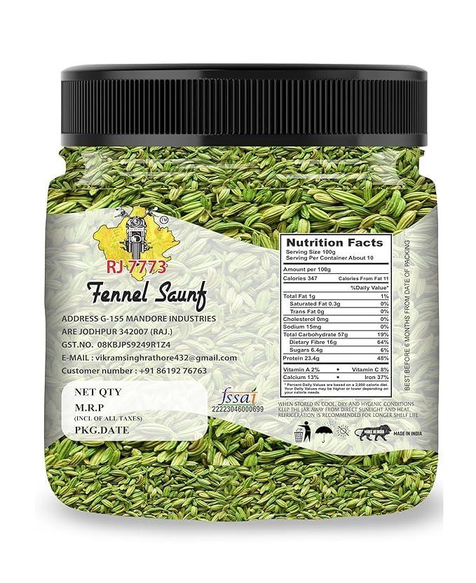RJ 7773 RJ 7773 Organic Fennel Seeds | Glass Jar | Saunf, Variyali | Perumjeerakam Whole Spices Sombu Whole | Fennel Seeds Saunf | Saunf Rich Flavour (500g)