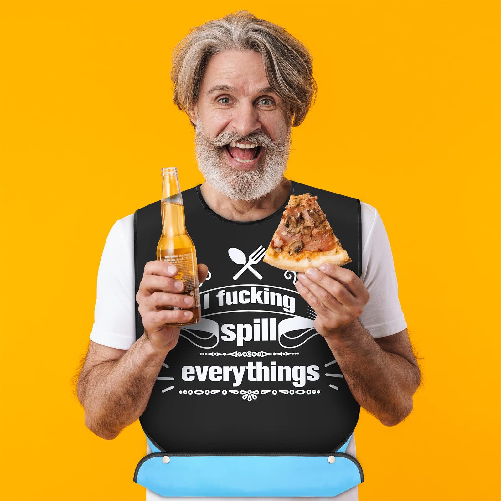 FreeNFond Funny Adult Bibs for Men Women Elderly, Washable Eating Clothing Protectors with Crumb Catcher and Coffee Spoon Gag Gifts (Spill)