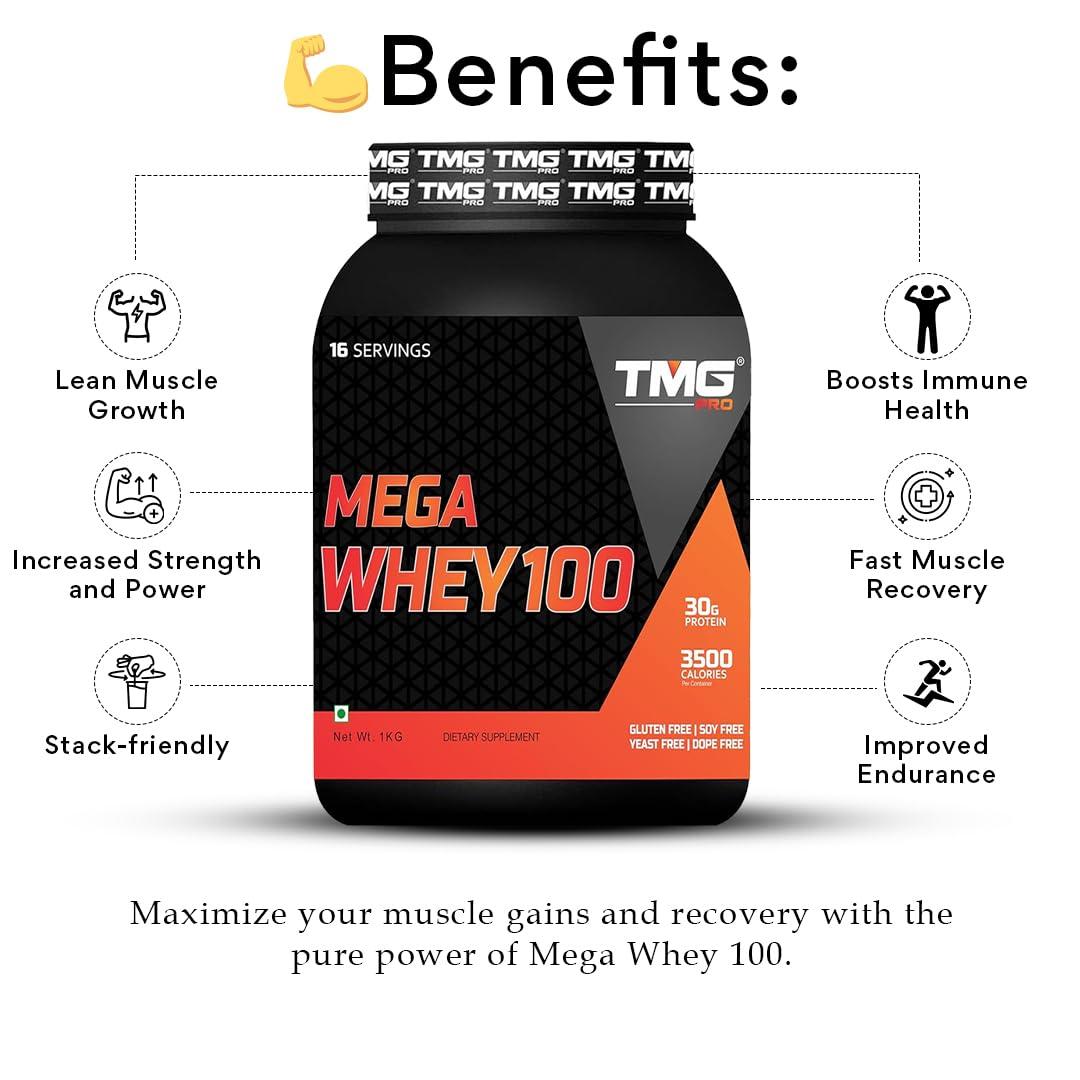 TMG PRO TMG PRO Mega Whey 100 Protein Powder | Dietary Supplement | Soy Free | Yeast Free | Dope Free | Mass Gainer Protein for Athlete & Bodybuilder (Chocolate-1KG)