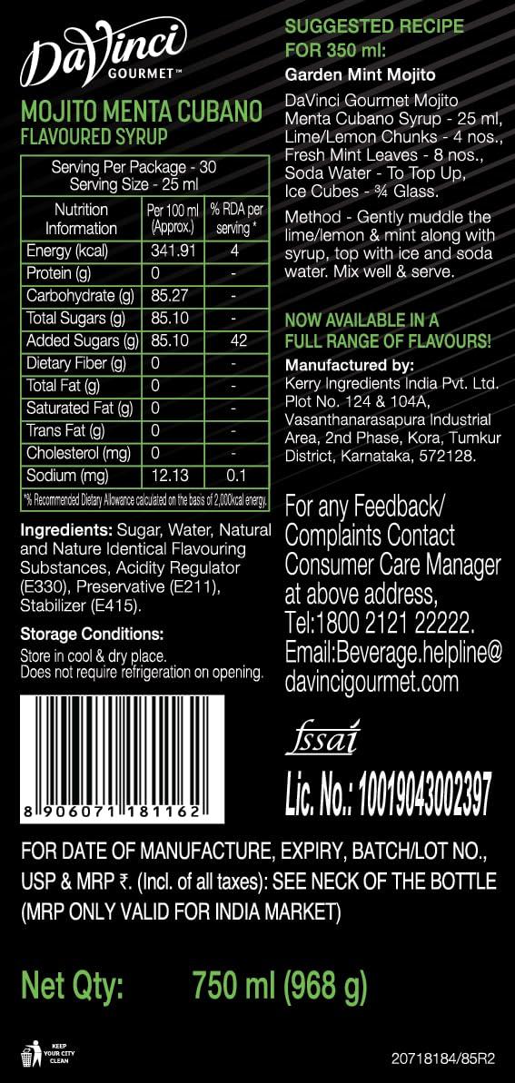 DaVinci Gourmet DaVinci Gourmet Mojito Menta Cubano Syrup 750 ML
