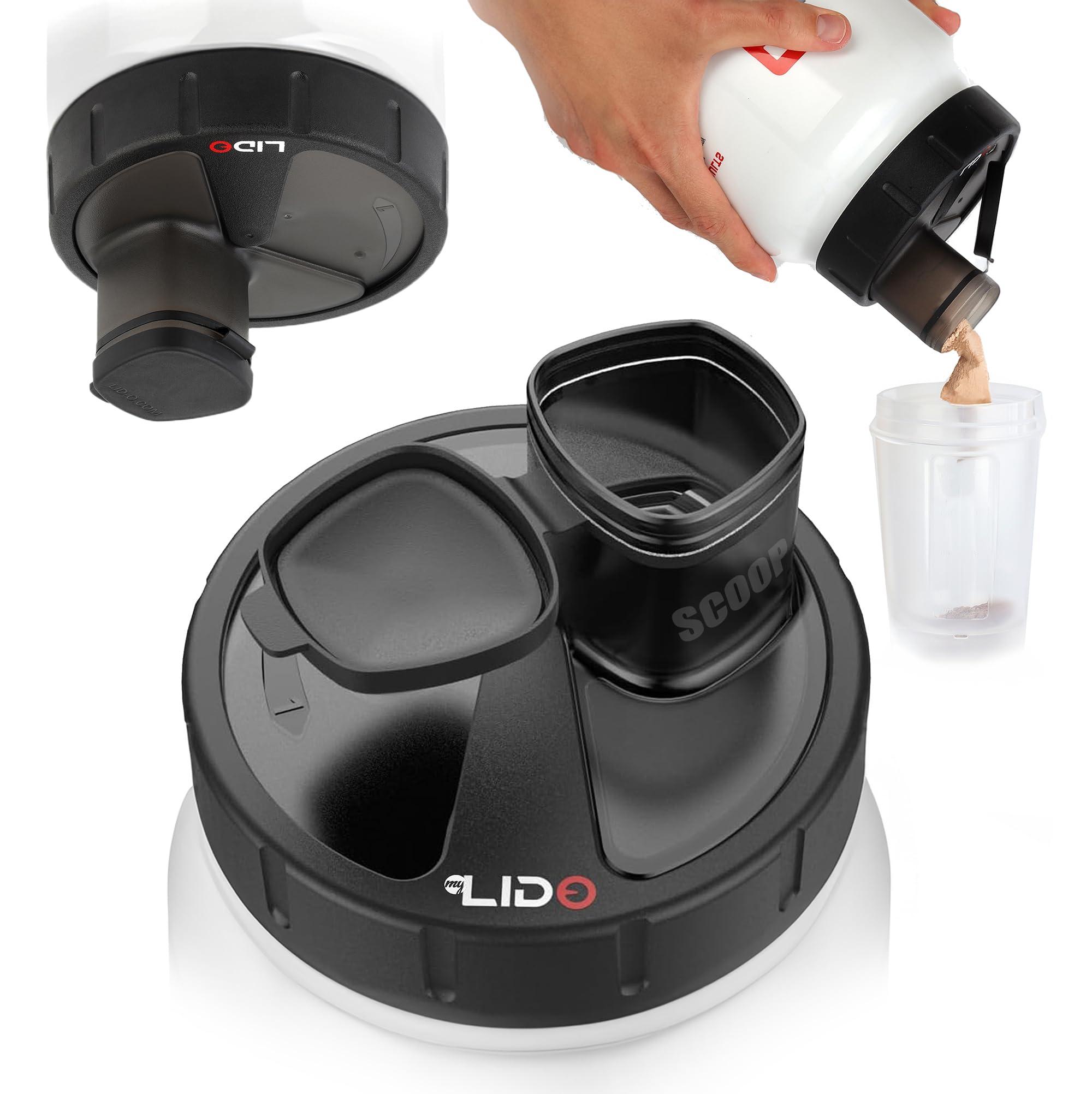 MyLidO MYLIDO Protein Dispenser Scoop Powder Dispense Supplement Funnel Universal Size Fits All Brands, Pre and Post Workout BPA Free Hands Clean Attachment Container Lid MyLid-O