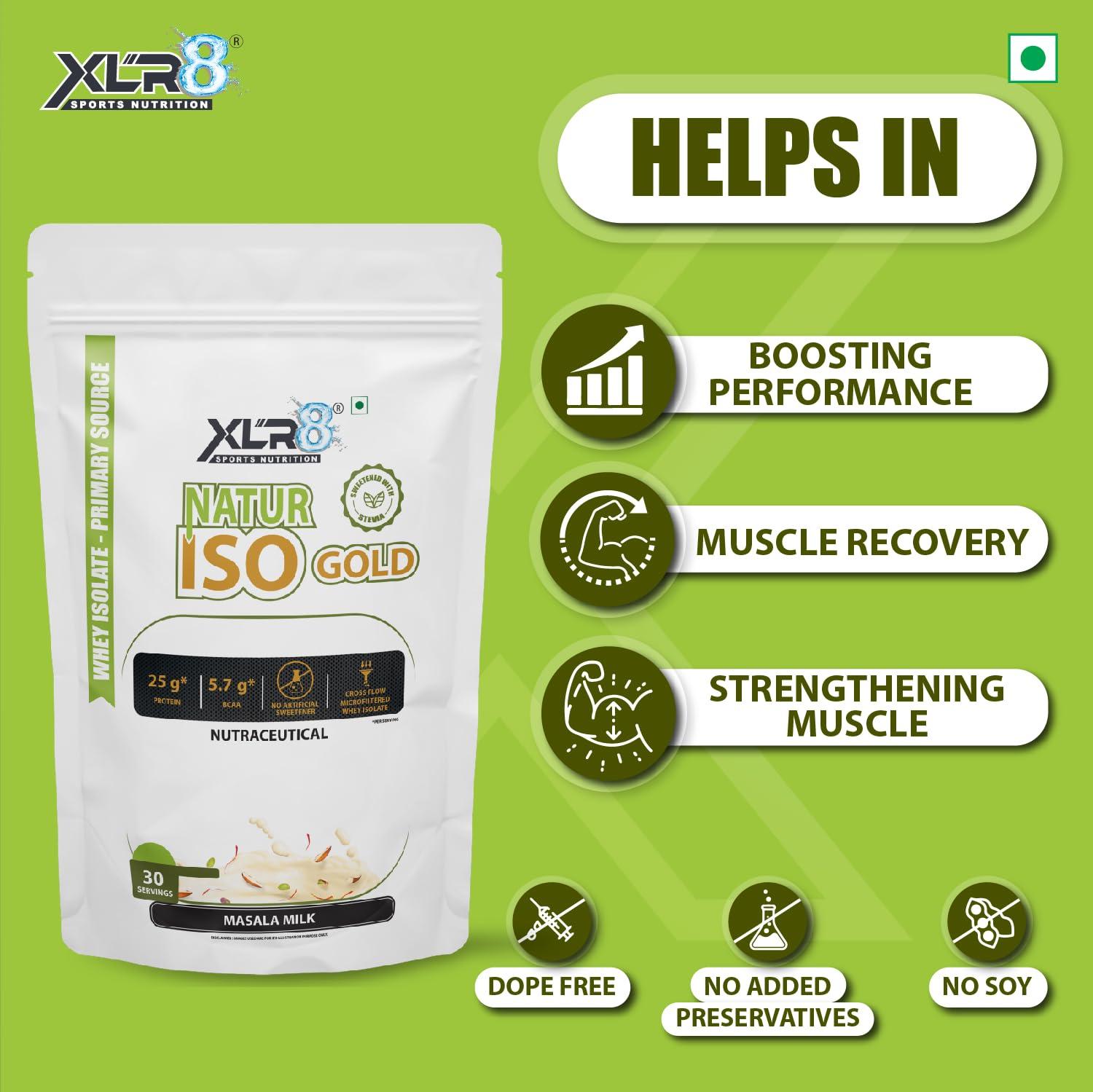 XLR8 XLR8 Natur Iso Gold Whey Protein Isolate, 25g Protein, 5.7g BCAA, Zero Sugar, Muscle Recovery (1 Kg (Pack of 1), Masala Milk Flavour)