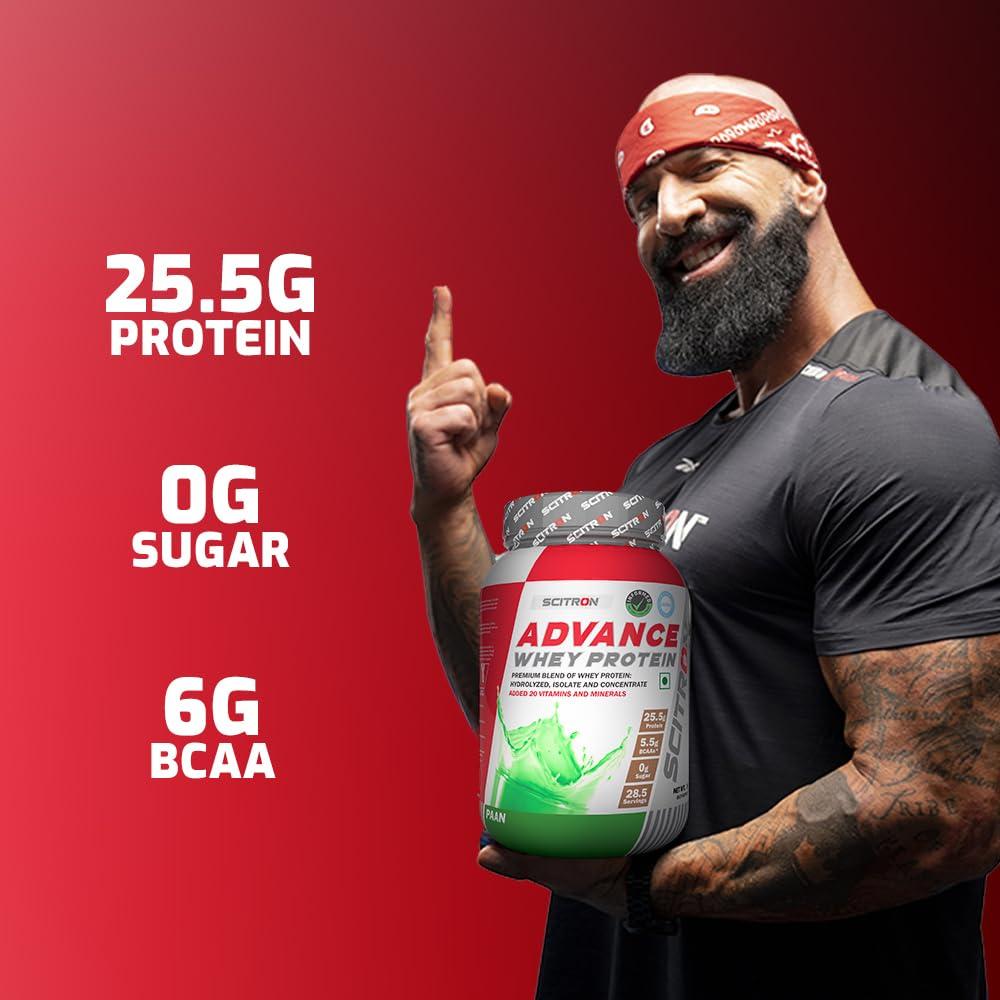 SCITRON Scitron Advance Whey Protein 1Kg Paan (28.5 Servings, 25.5g Protein, 5.5g BCAAs, 0g Sugar, 20 Vitamins & Minerals) Certified by Labdoor, USA | Sourced from Glanbia Nutrition | Certified by Informed Choice