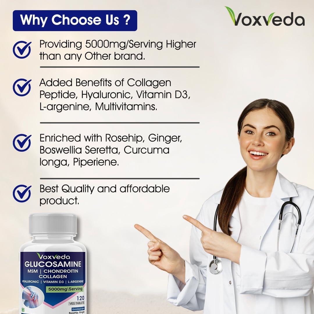 Voxveda Voxveda's Glucosamine Tablets - 120 Veg Tablets | Glucosamine Tablets for Joint | Glucosamine Chondroitin MSM - Joint Support Supplement with Vitamins