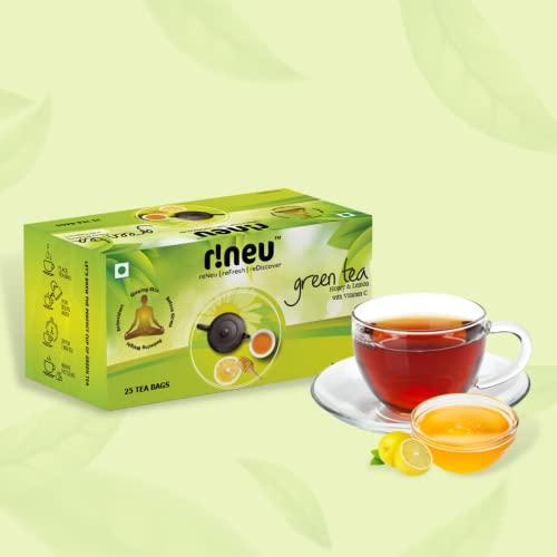 r!neu r!neu Green Tea | Detox Desi Kahwa + Honey & Lemon + Mint Ginger & Lemon | Added Vitamin C | 25 Tea Bags Each | Pack of 3