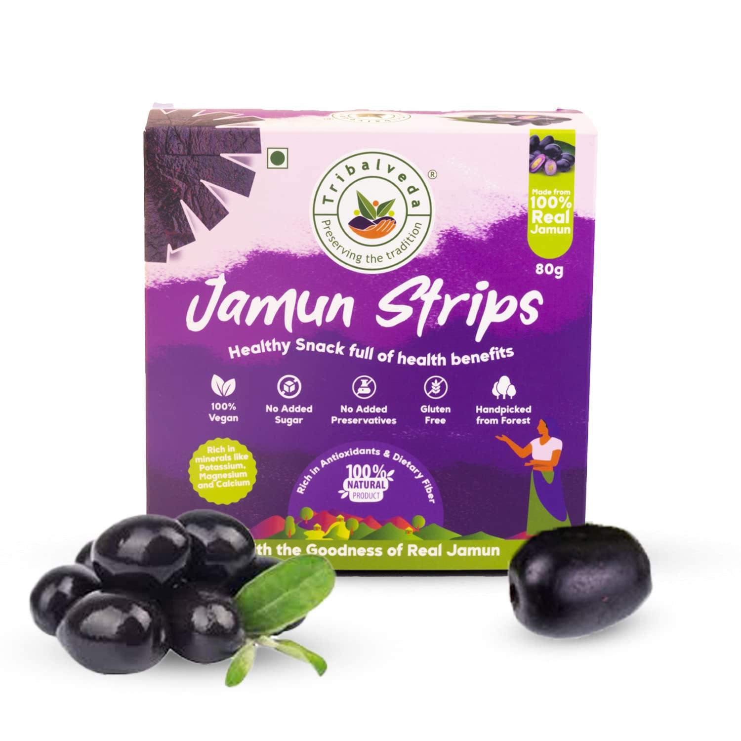 TRIBALVEDA Tribalveda Whole Dried Jamun Strips - Pack of 24(20gm each), Fresh Fruit, Black Plum, Jamun Bar, Healthy Mixes Chips, Dried Fruit, Rich In Dietary Fibers, Hygienically Packed (Jambu Strips)