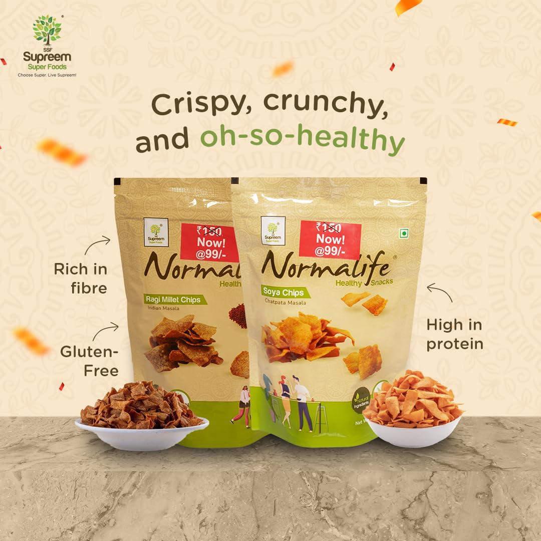 SSF Supreem Super Foods Supreem Super Foods Normalife Ragi Millet Chips 100 gms + Soya Chips 100 gms + Wellness Treats Candy Pack 48 pcs + Ginger Lemon Squash 700 ml + Guava Chilli Spread 200 gms | Festive Gifting Combo