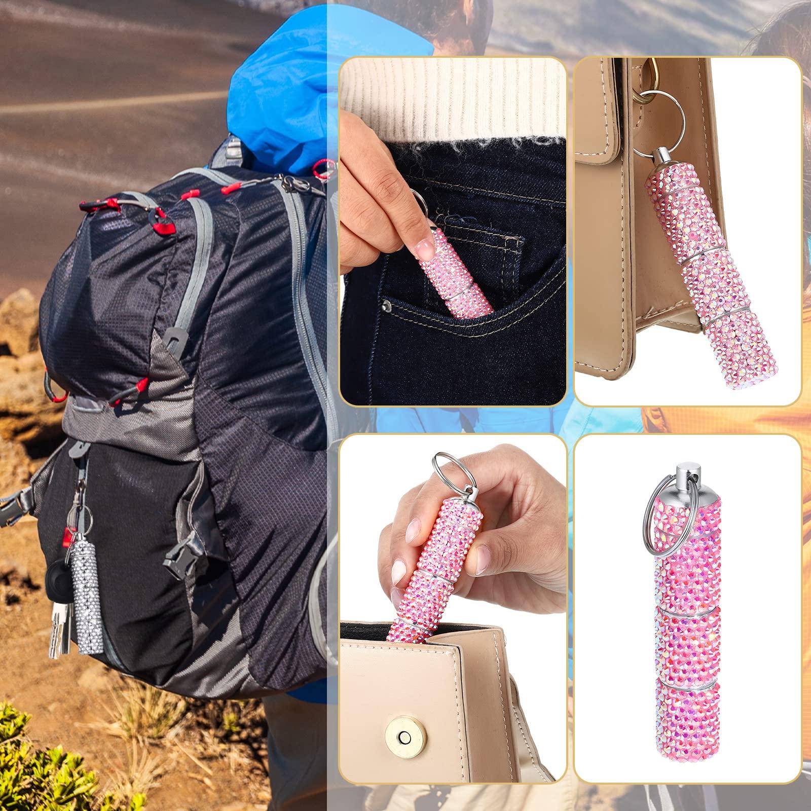 Vesici Vesici 2 Pcs Bling Rhinestone Portable Pill Case with Keychain Small Fancy Container Glitter Waterproof Holder for Women Aluminum Bottle Reusable Outdoor Camping (Pink, White AB)