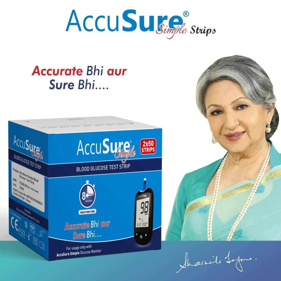 AccuSure AccuSure Simple Blood Glucose Test 100 Strips, 2 X 50 Test Strip (Multicolor)
